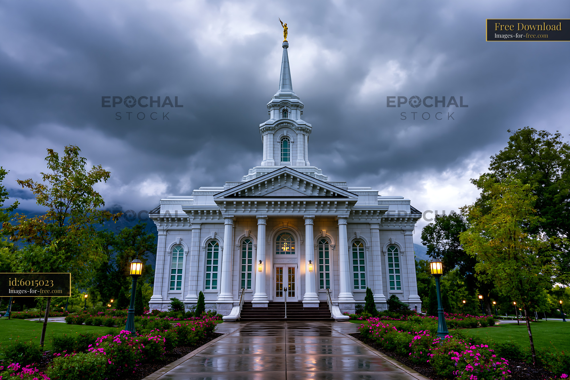Watermarked full-resolution preview of Historic church building with stormy sky