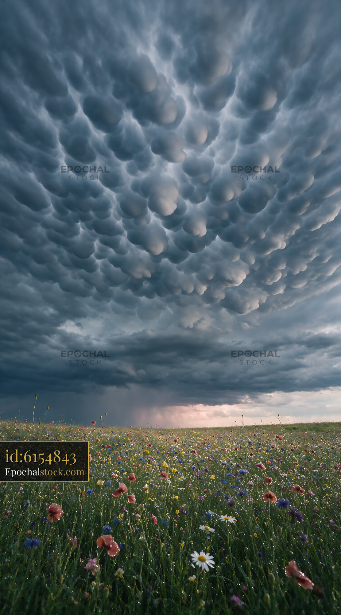 Watermarked full-resolution preview of Mammatus clouds over a wildflower field at sunset