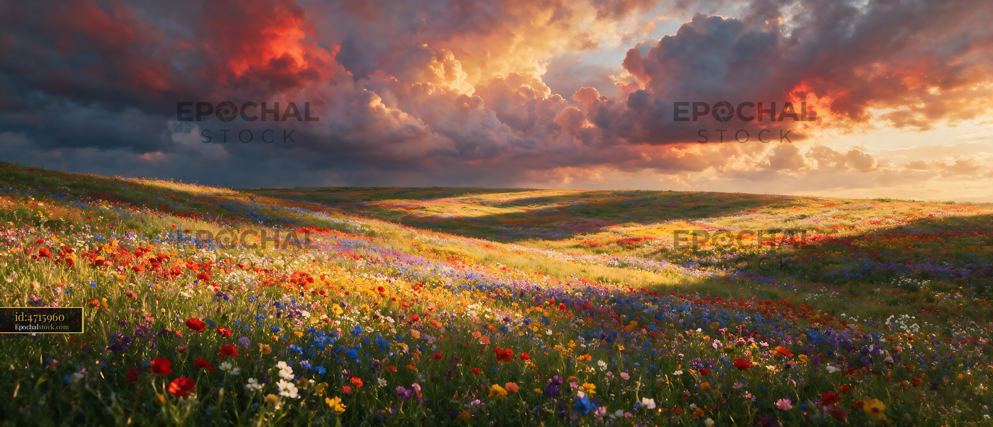 Watermarked full-resolution preview of Vibrant field of wildflowers under a sunset sky