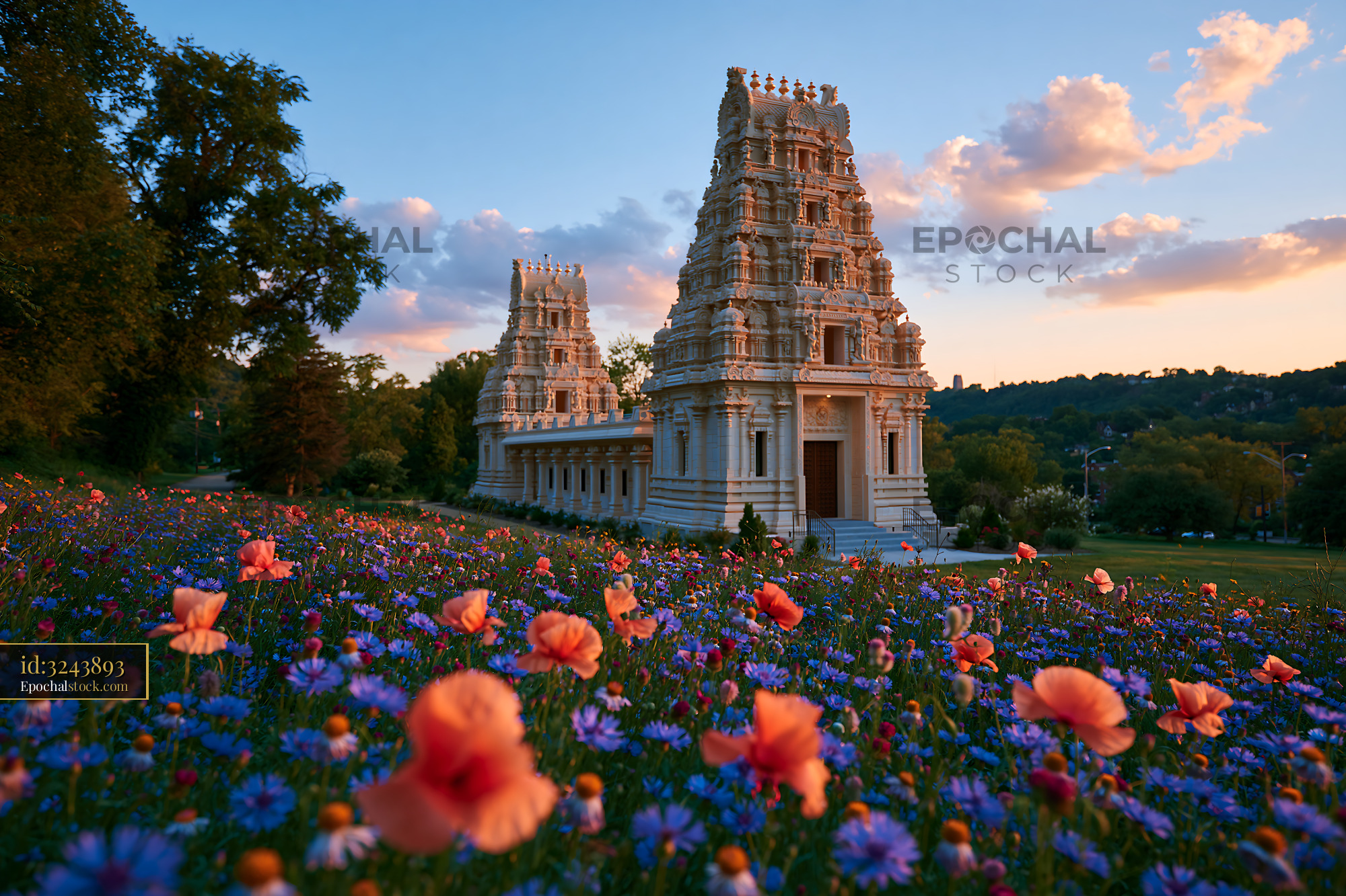 Watermarked full-resolution preview of Temple surrounded by colorful flowers at sunset