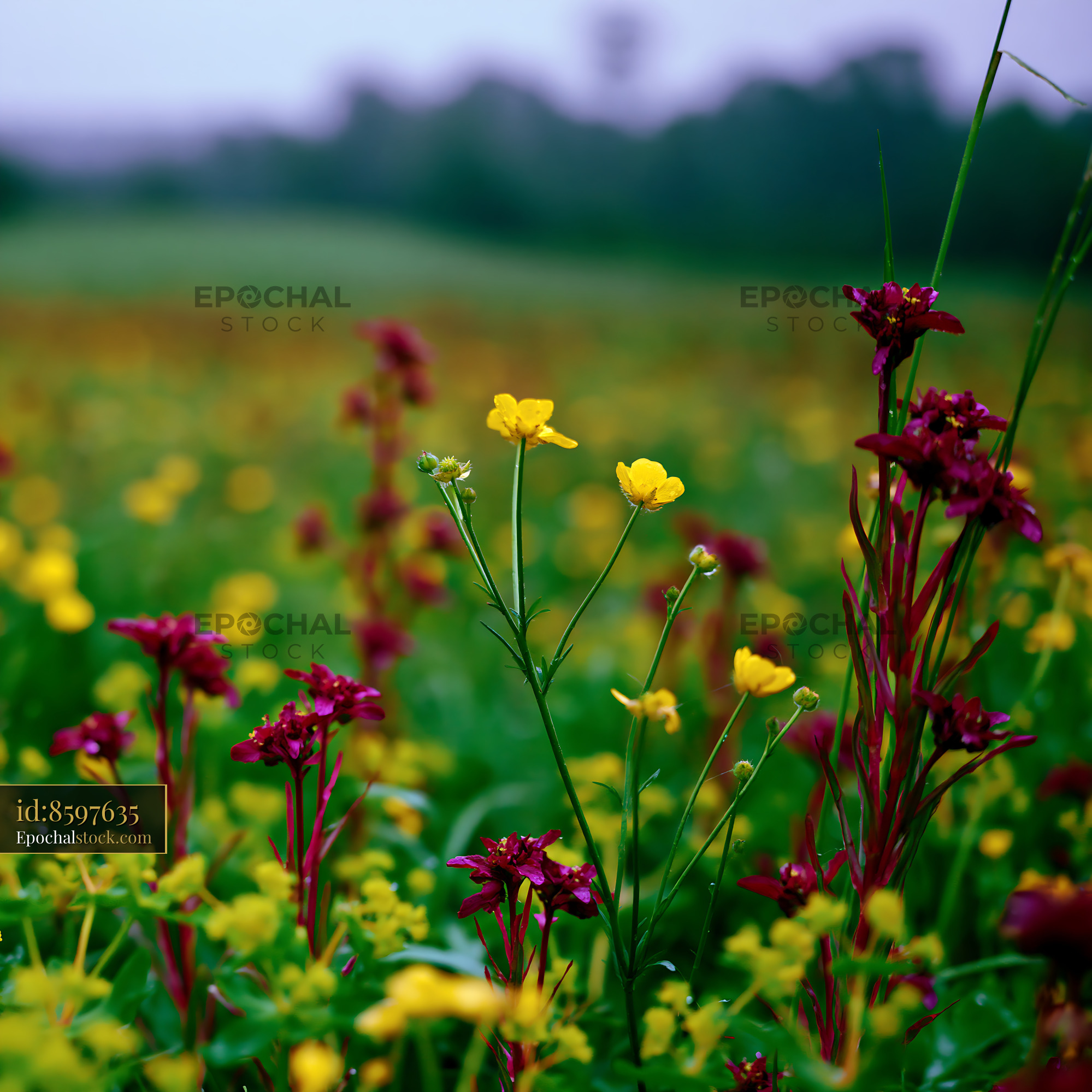 Watermarked full-resolution preview of Colorful wildflower field in spring at golden hour