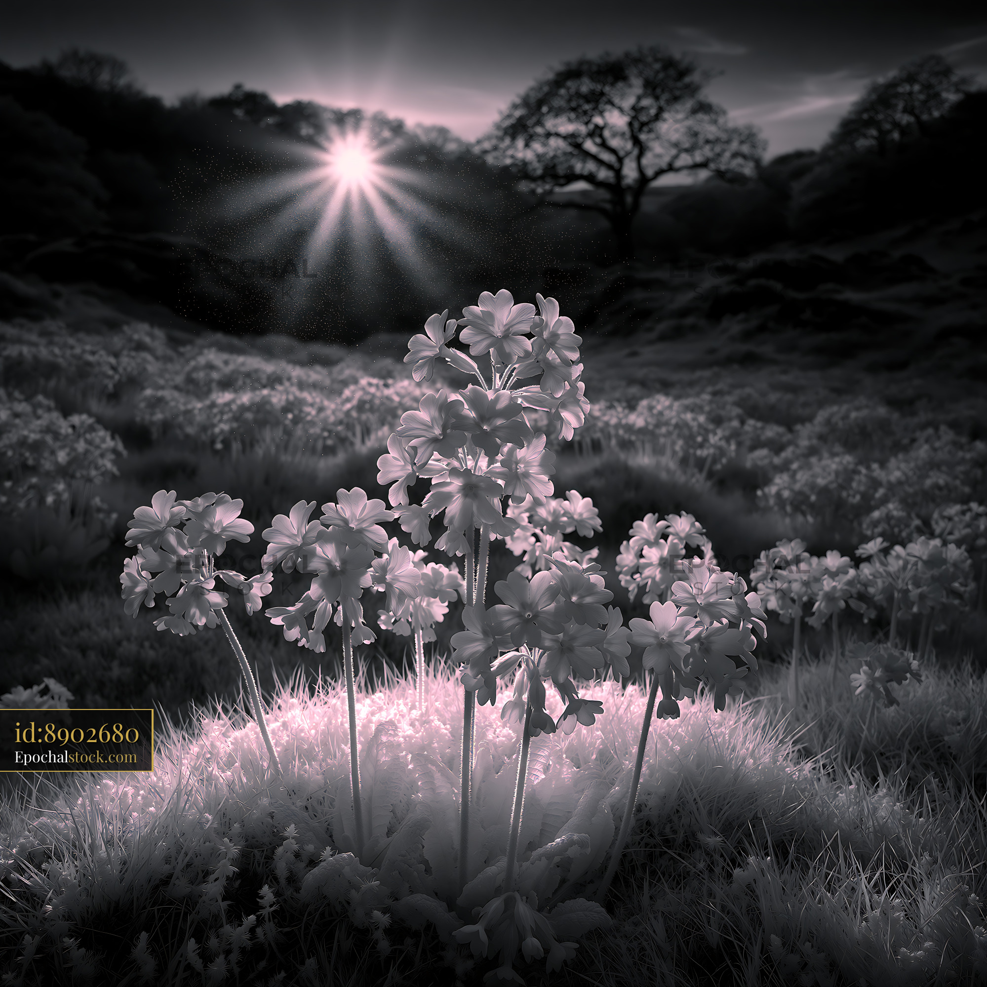 Watermarked full-resolution preview of Flowers growing in a field with sunlight and trees in the background
