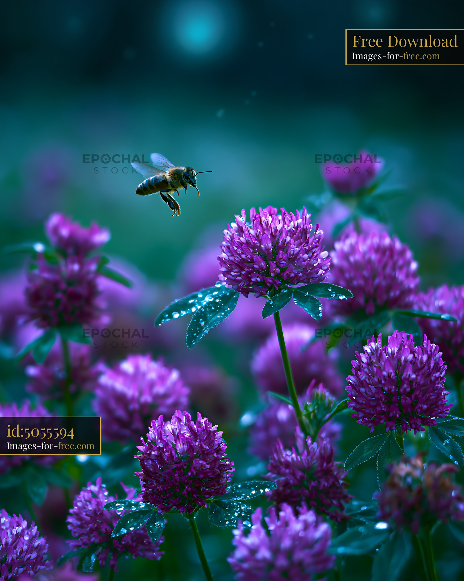 Clover Flowers and a Bee in a Meadow During Spring Season - stock photo