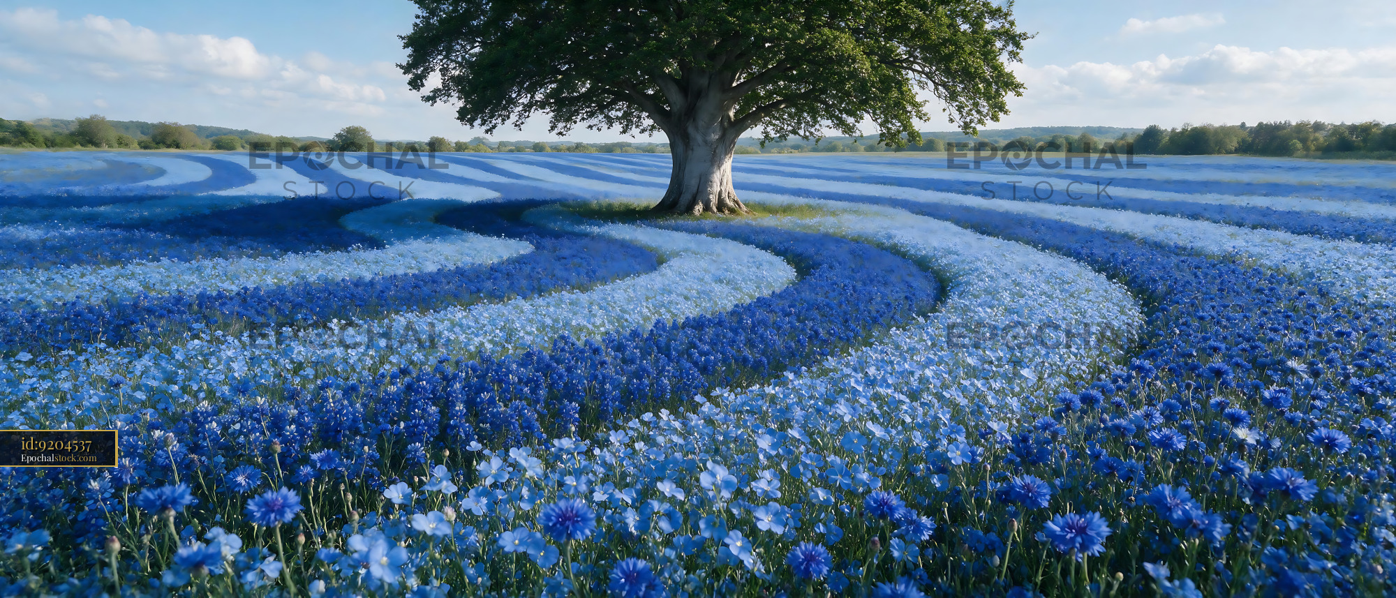 Watermarked full-resolution preview of Tree in blue flower field with wavy patterns
