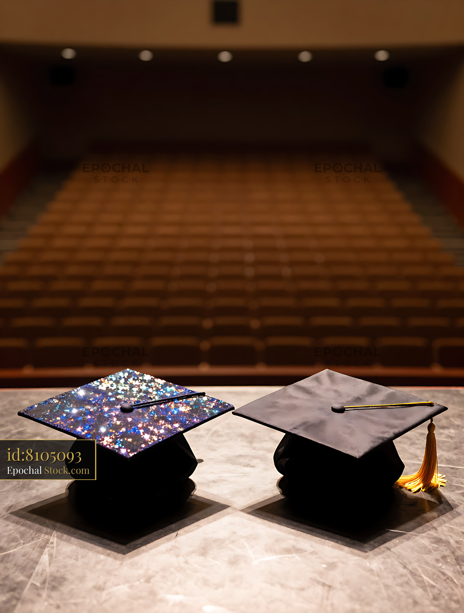 Two graduation caps on a stage overlooking an empty auditorium