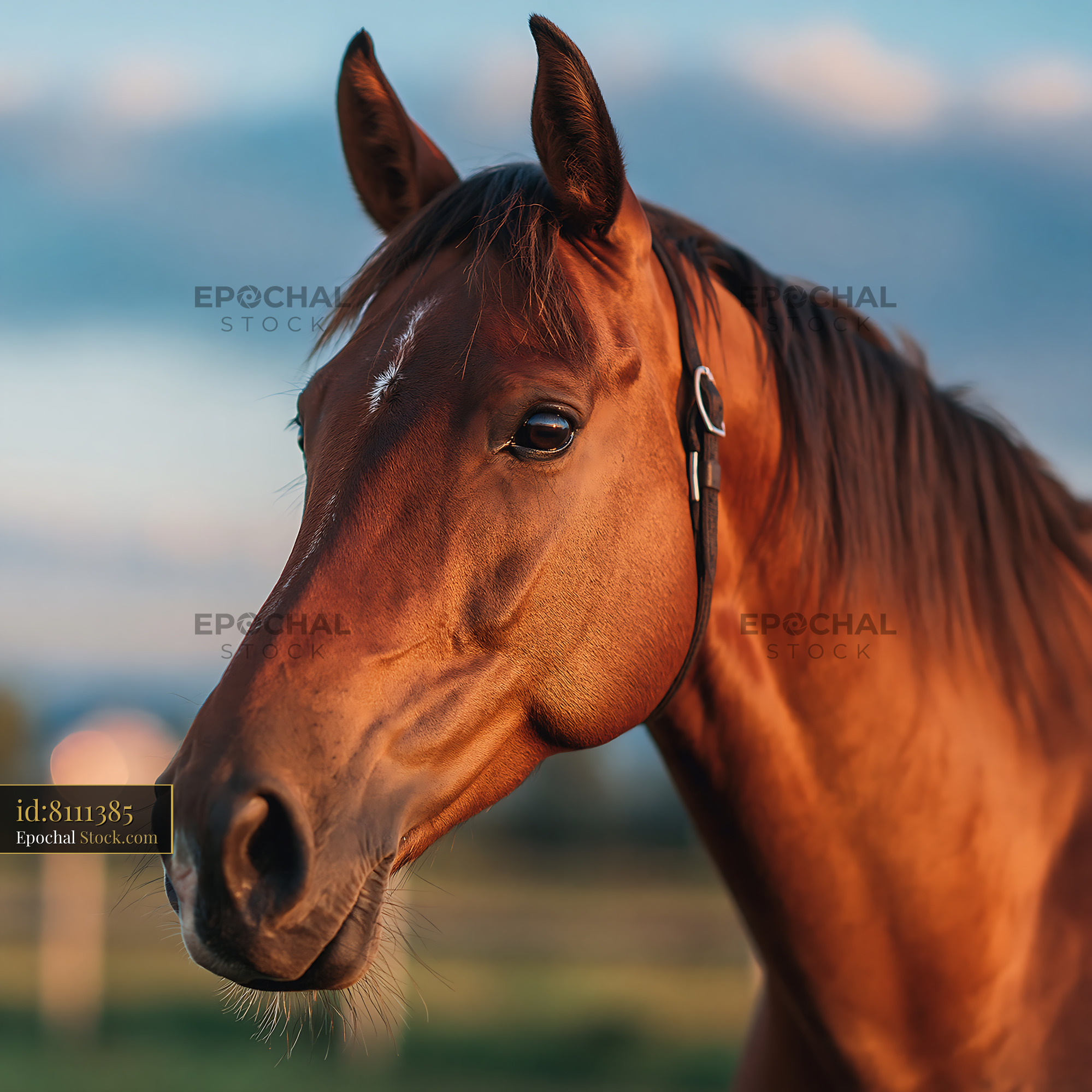 Portrait of a brown horse at golden hour