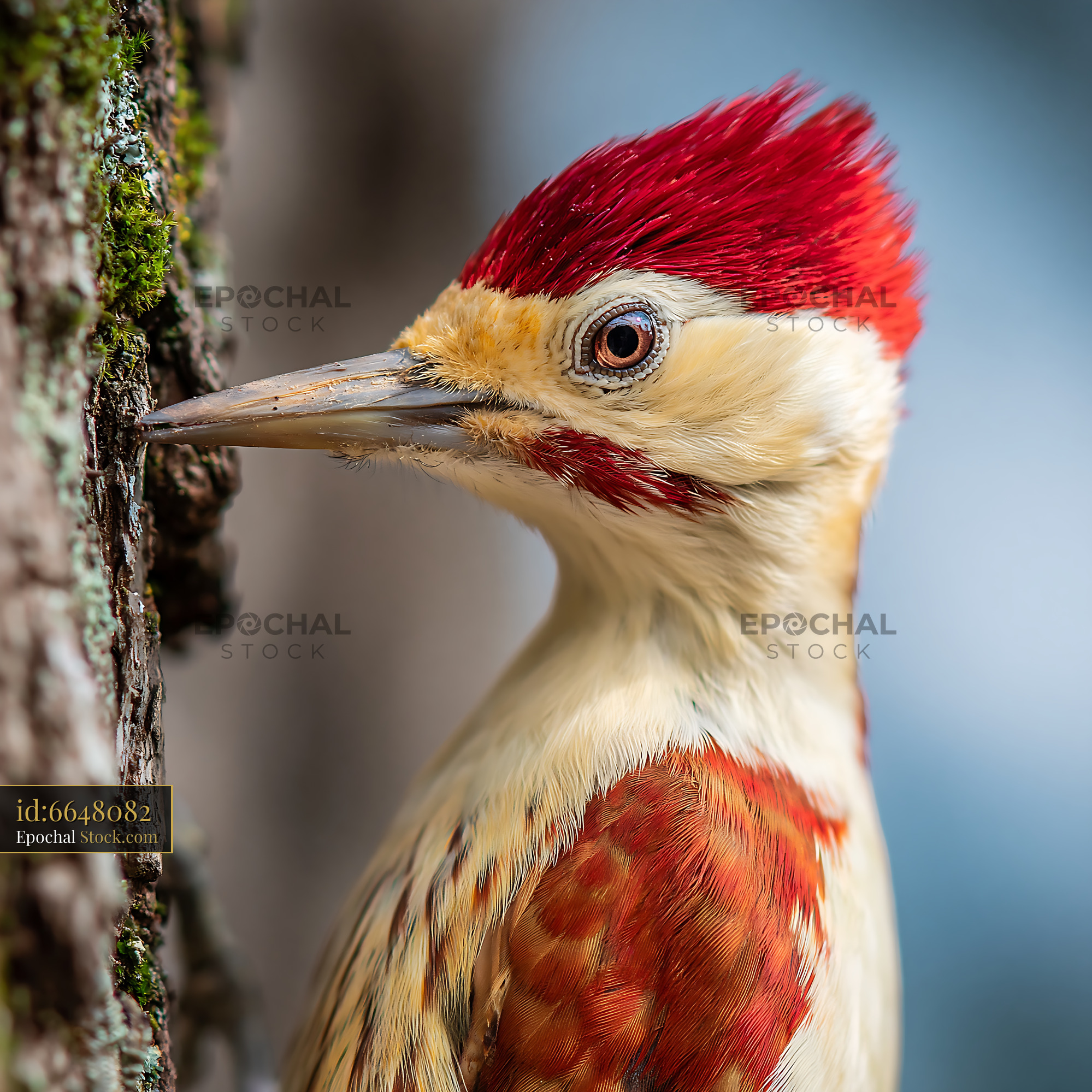 Woodpecker with vibrant red crest perched on mossy tree trunk - stock photo