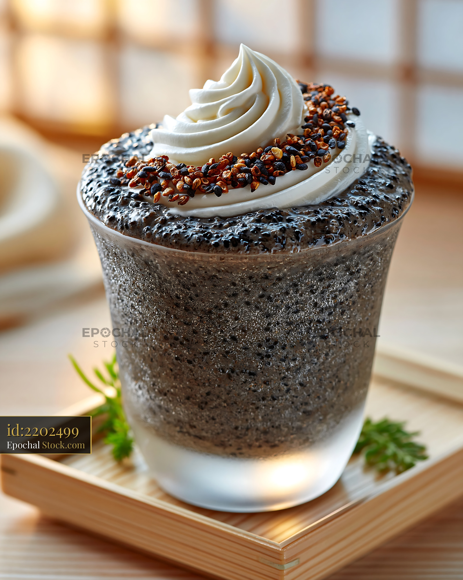 Chilled black sesame kurogoma smoothie with whipped cream - stock photo