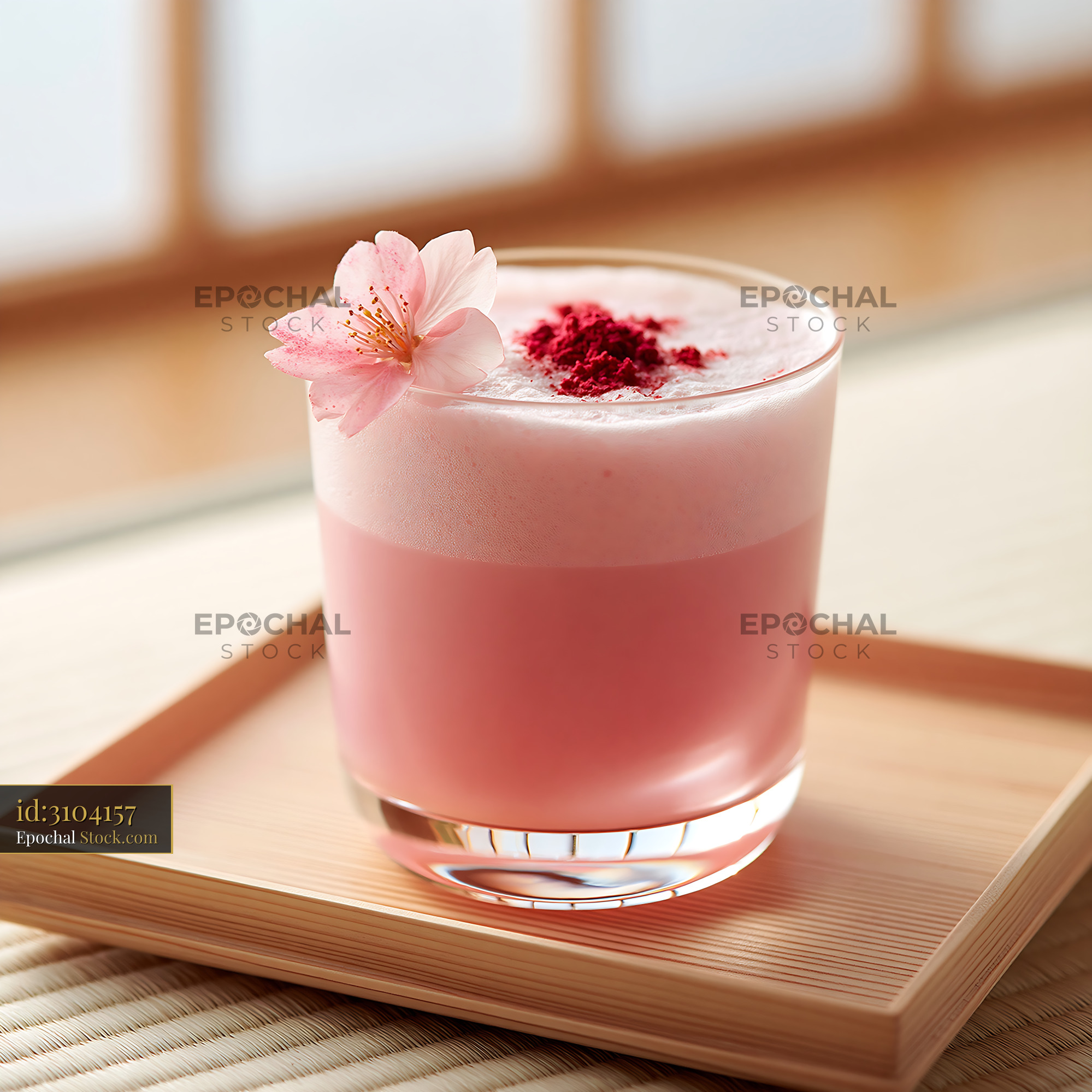 Pink sakura blossom smoothie with foam and a fresh cherry flower - stock photo