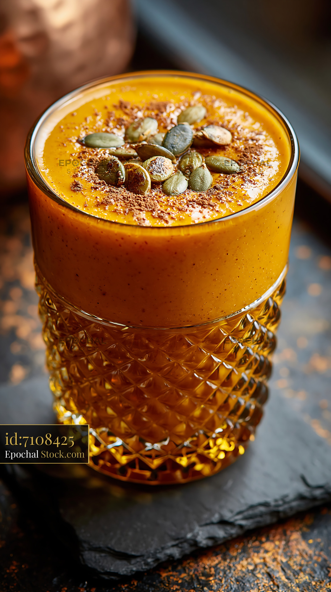 Creamy kabocha pumpkin smoothie with pepitas and spices on slate - stock photo
