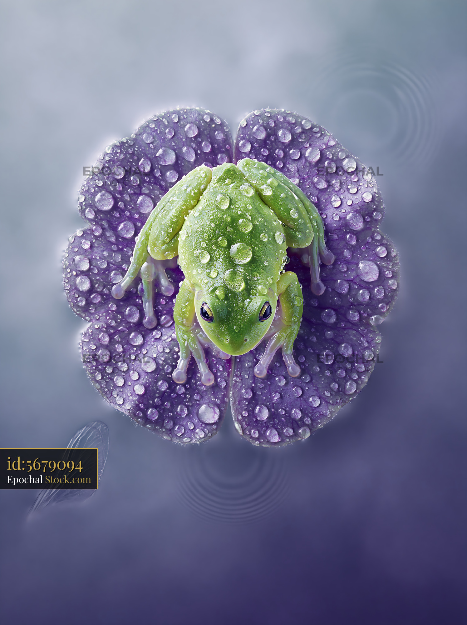 Green tree frog resting on a purple flower petal in the rain - stock photo