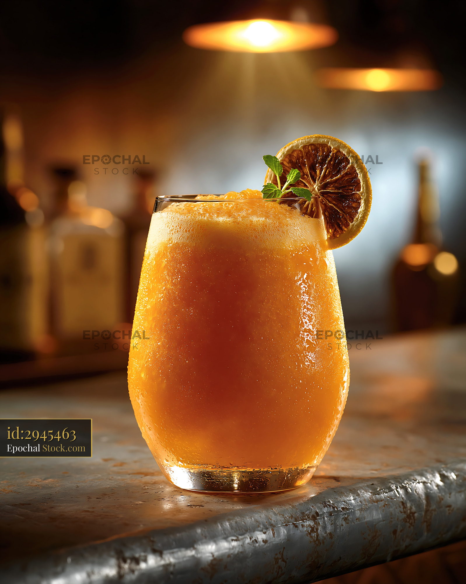 Hallabong citrus smoothie with dried orange slice on a bar counter - stock photo