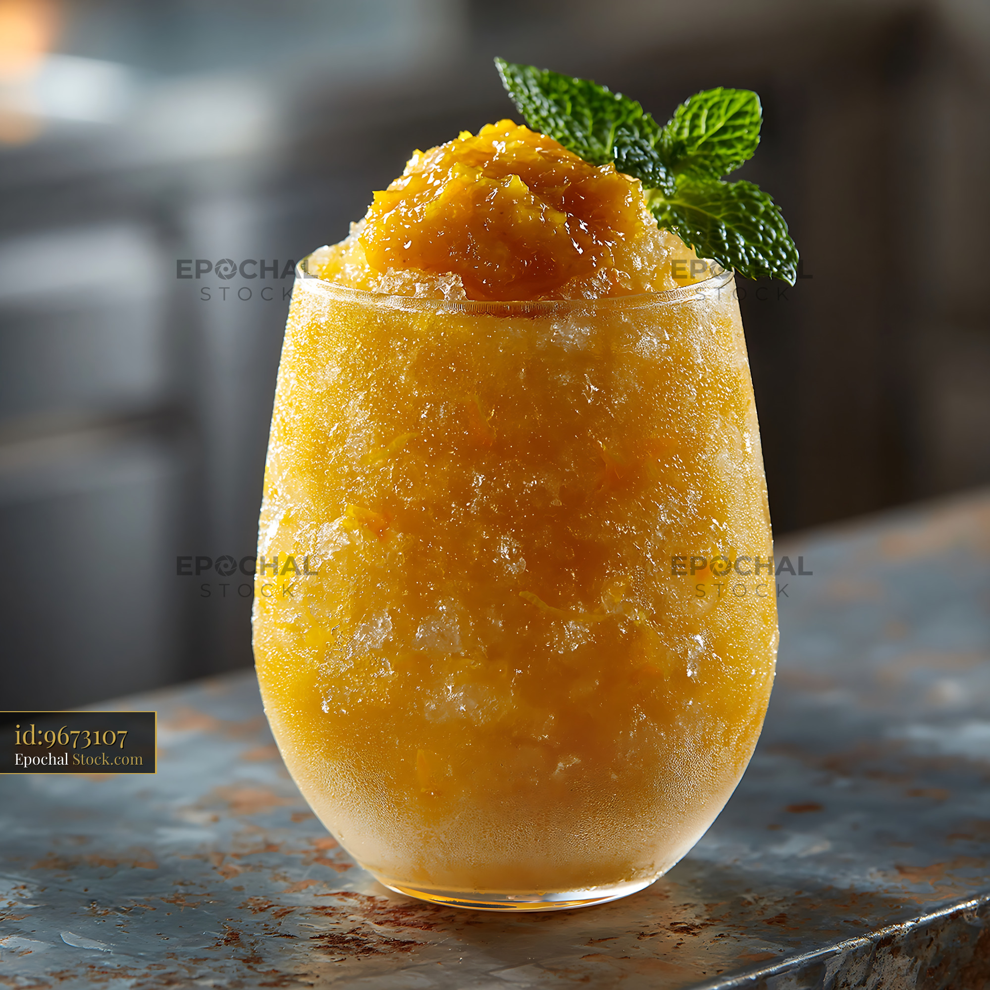 Yuja citron smoothie with fresh mint garnish on a rustic counter - stock photo