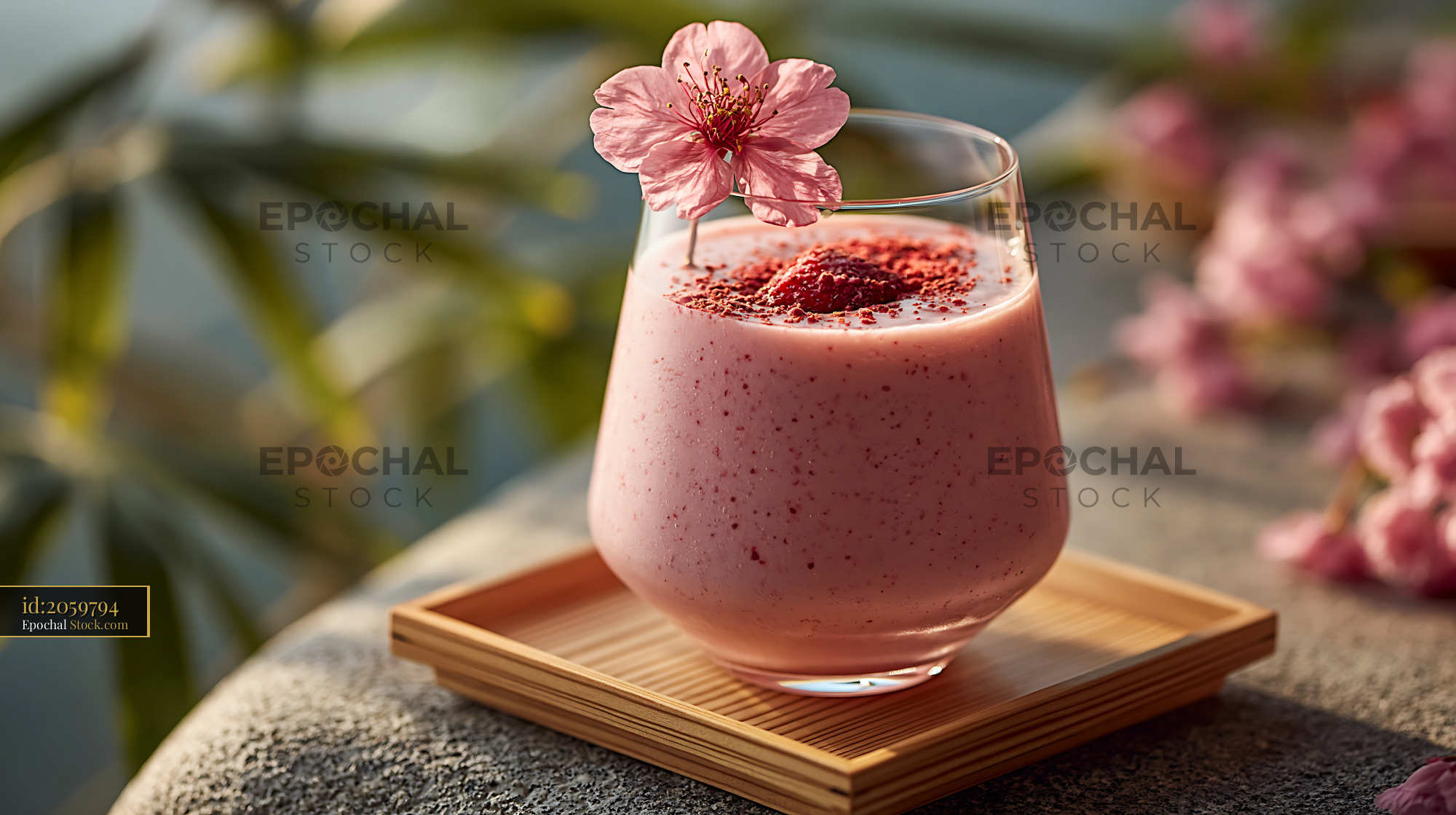Sakura blossom smoothie in a glass garnished with a pink flower - stock photo