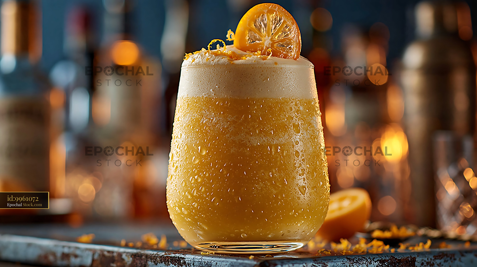 Chilled mikan orange smoothie with citrus zest in a bar setting - stock photo