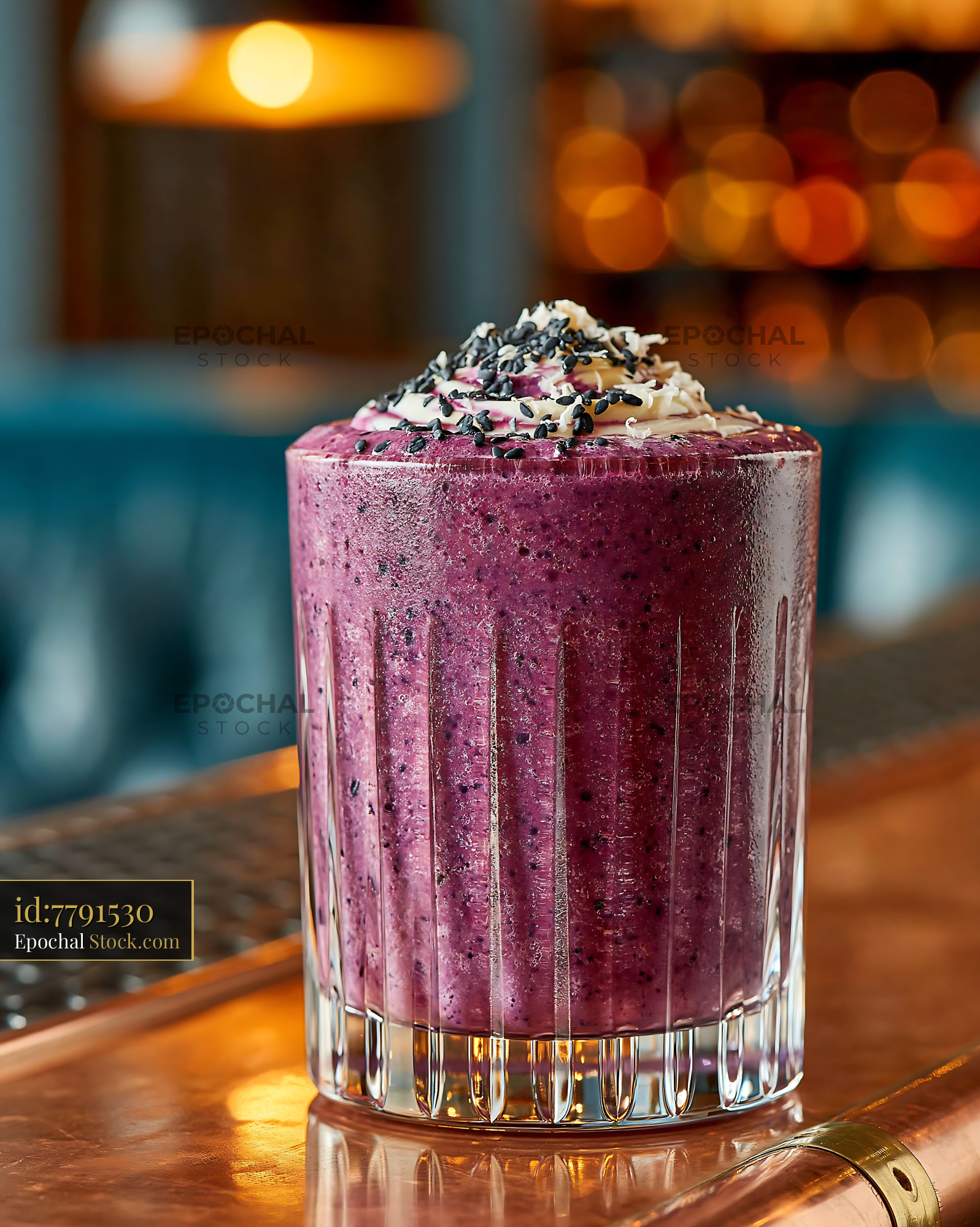 Purple sweet potato smoothie with whipped cream on a copper bar - stock photo