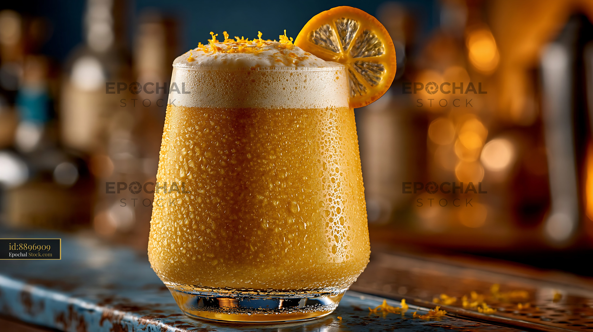 Mikan orange smoothie with thick foam and citrus zest on a bar counter - stock photo