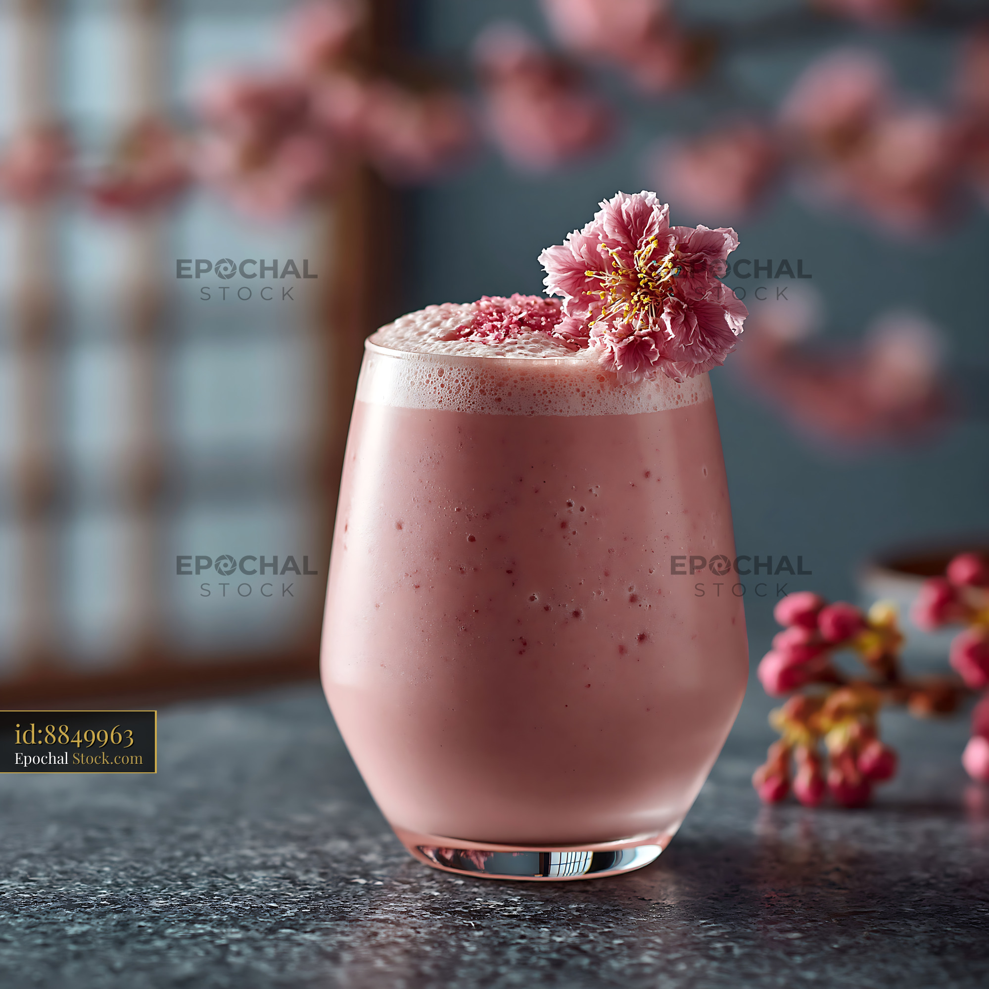 Pink sakura blossom smoothie with fresh flower garnish on stone table - stock photo