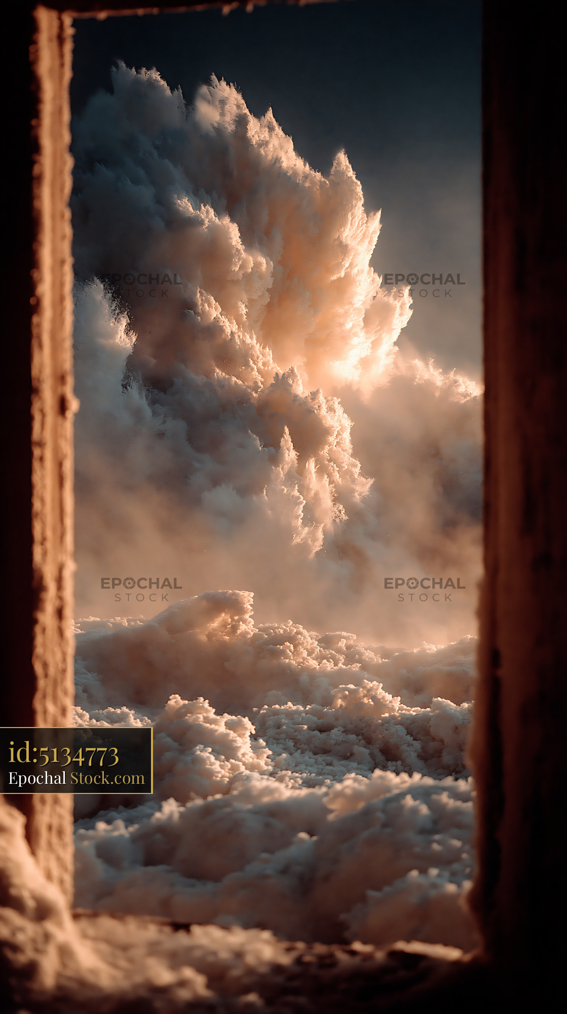 Massive waves of a stormy sea at winter dusk seen through a frame - stock photo