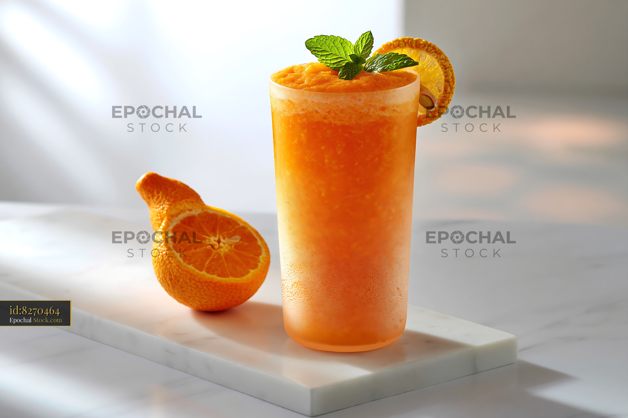 Hallabong citrus smoothie with fresh mint garnish on marble surface - stock photo