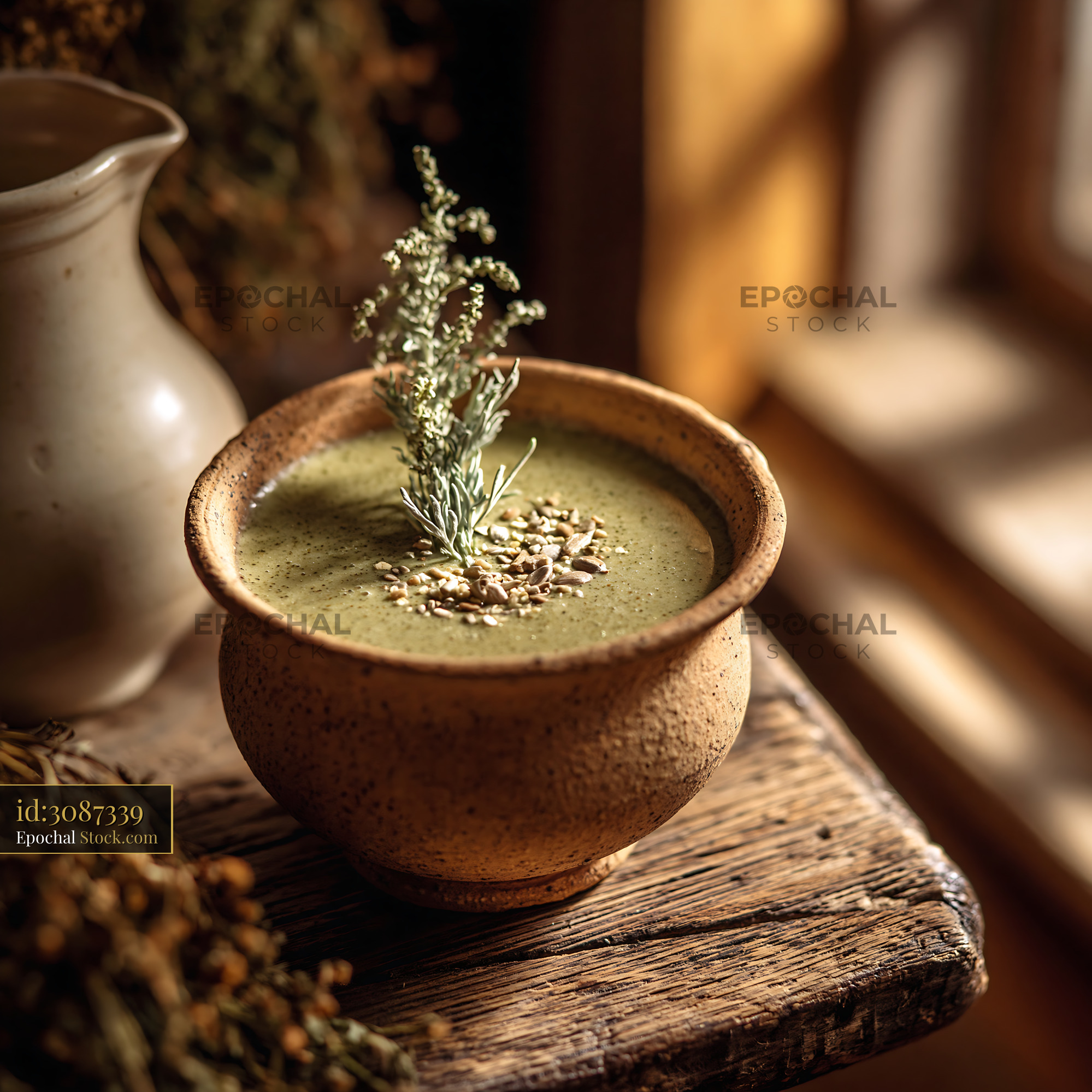Mugwort herb smoothie in a rustic terracotta bowl with seeds - stock photo