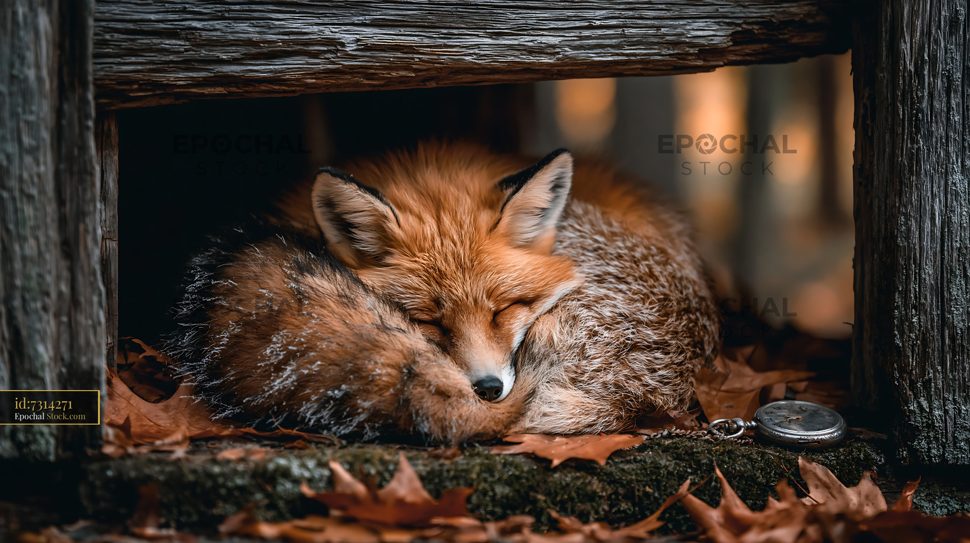 Red fox curled up sleeping in autumn forest with vintage pocket watch - stock photo
