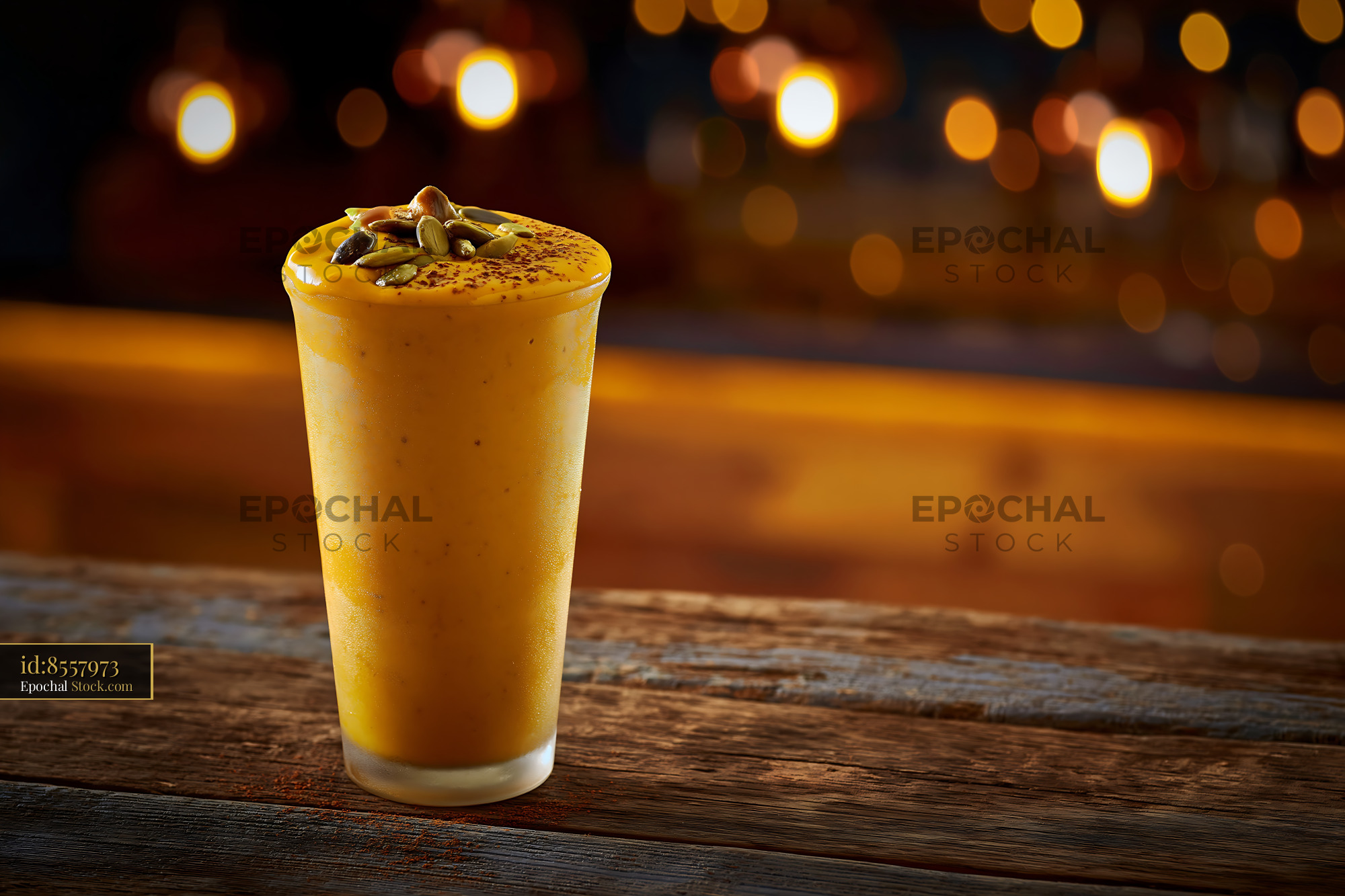 Kabocha pumpkin smoothie with seeds on a rustic wooden table - stock photo