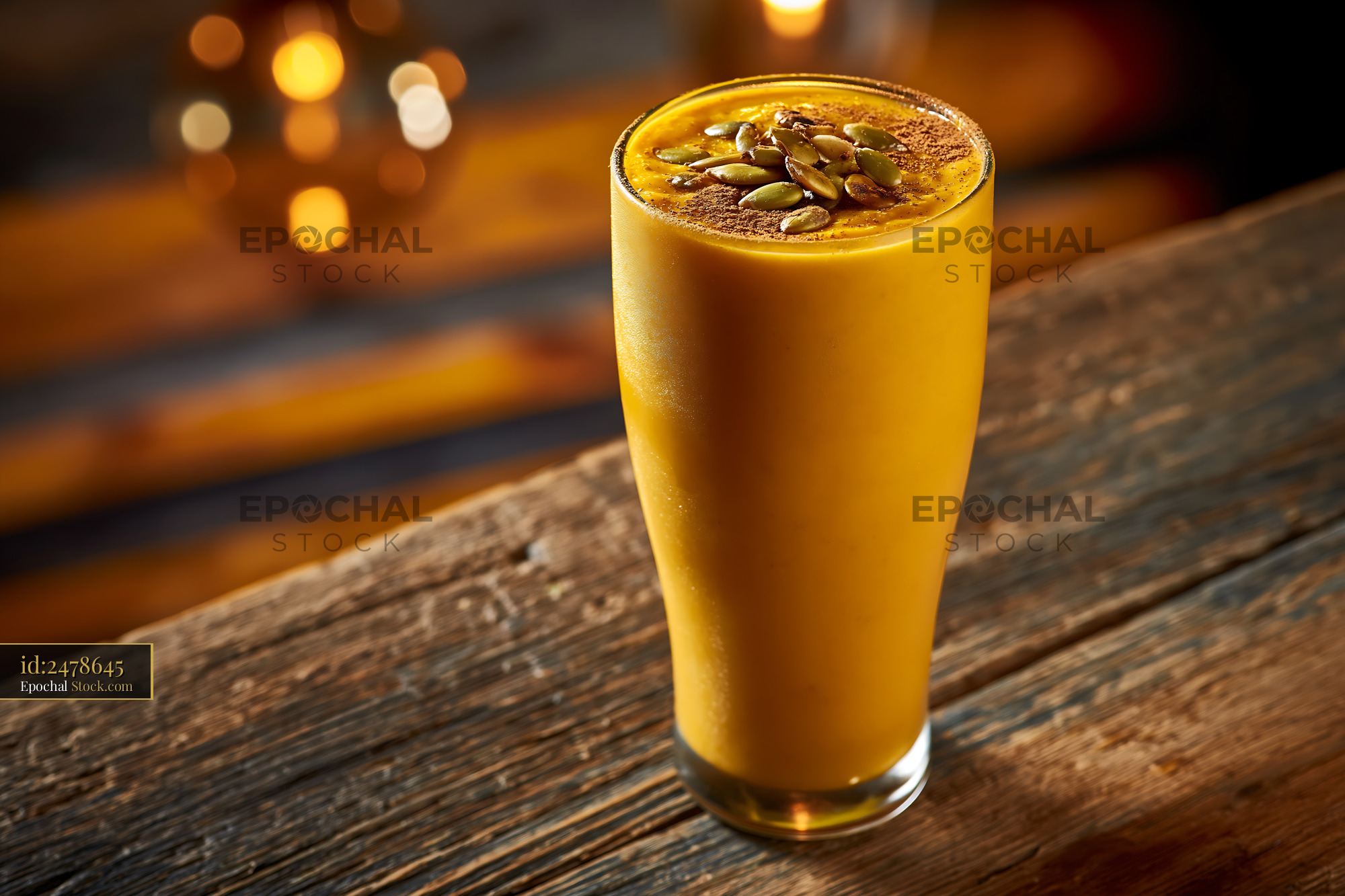 Kabocha pumpkin smoothie topped with seeds on a rustic wooden table - stock photo