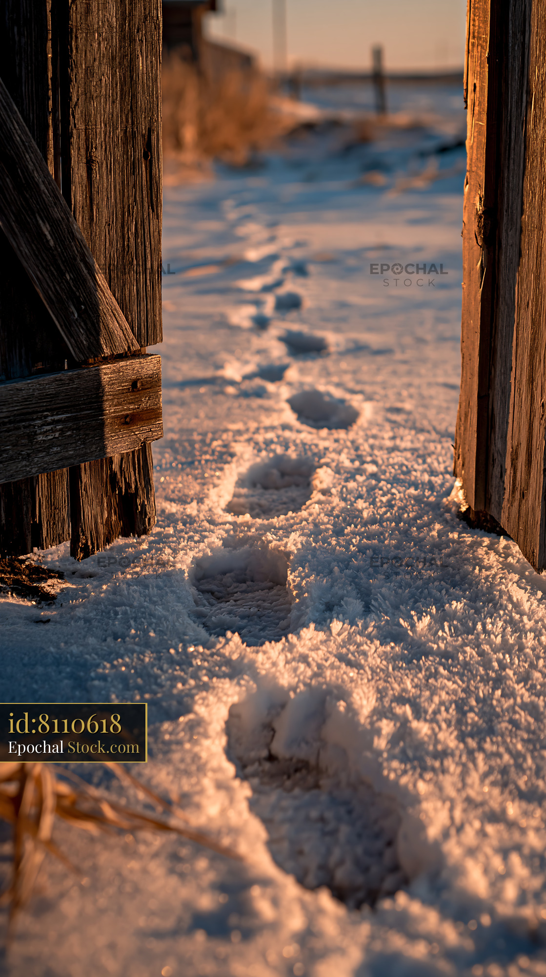 Footprints in deep snow leading through a rustic wooden gate at sunset - stock photo