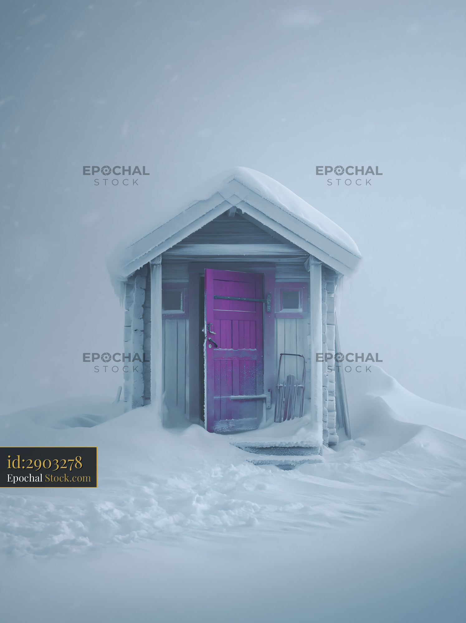 Small wooden hut with a purple door in a snowy winter landscape - stock photo