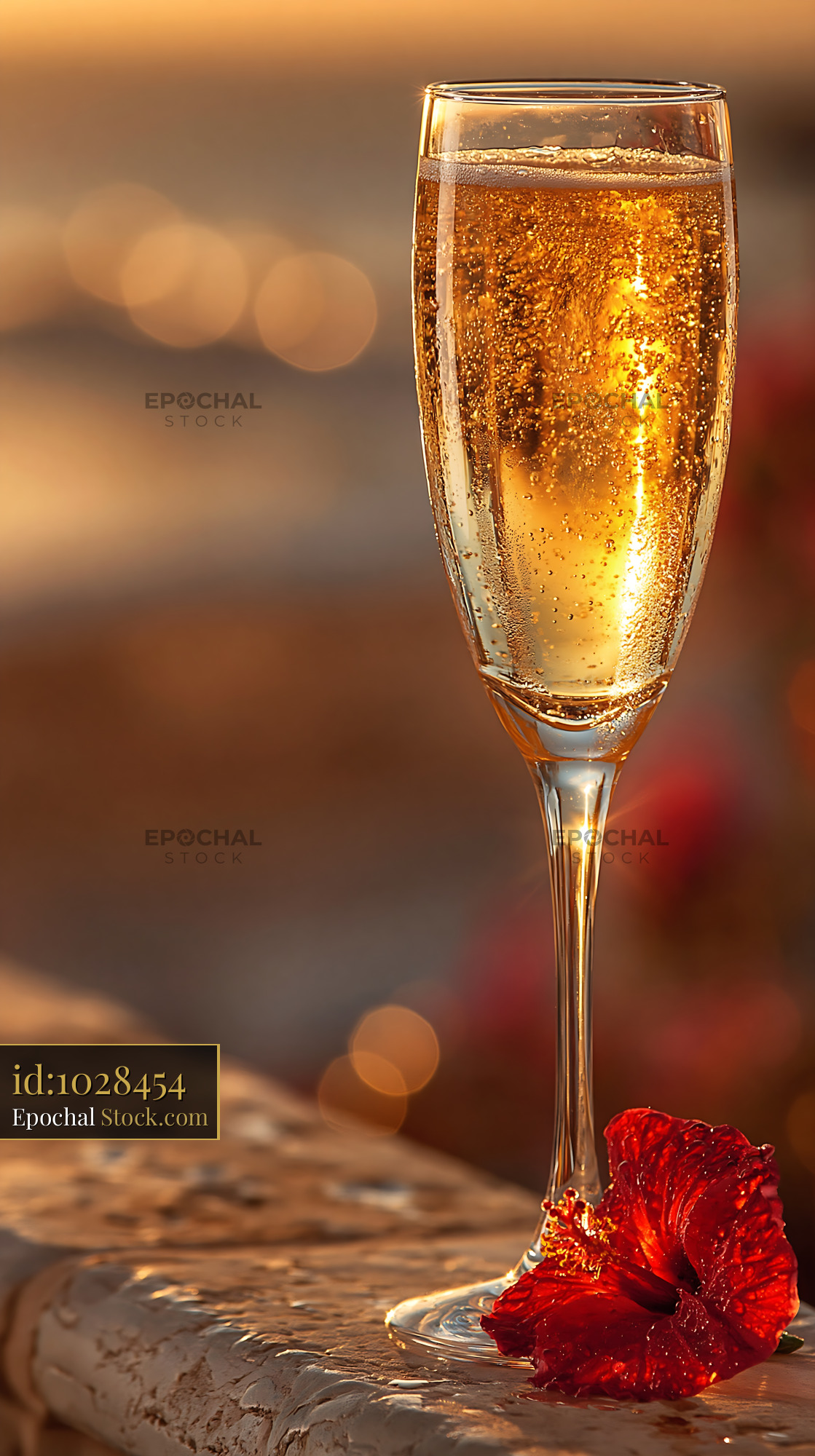Chilled glass of sparkling wine and red hibiscus on a terrace at sunse - stock photo