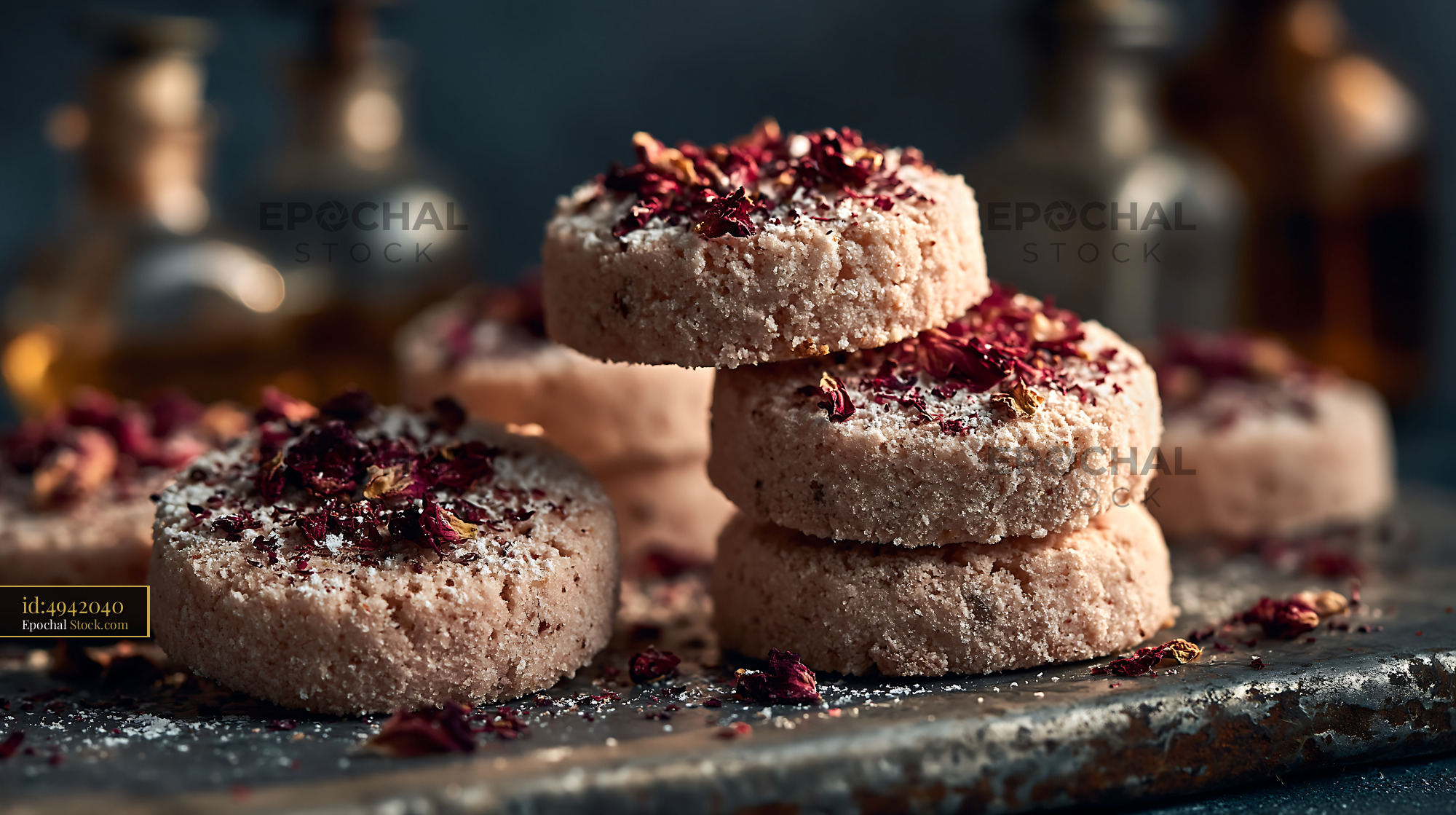 Artisanal rose water biscuits topped with dried flower petals - stock photo