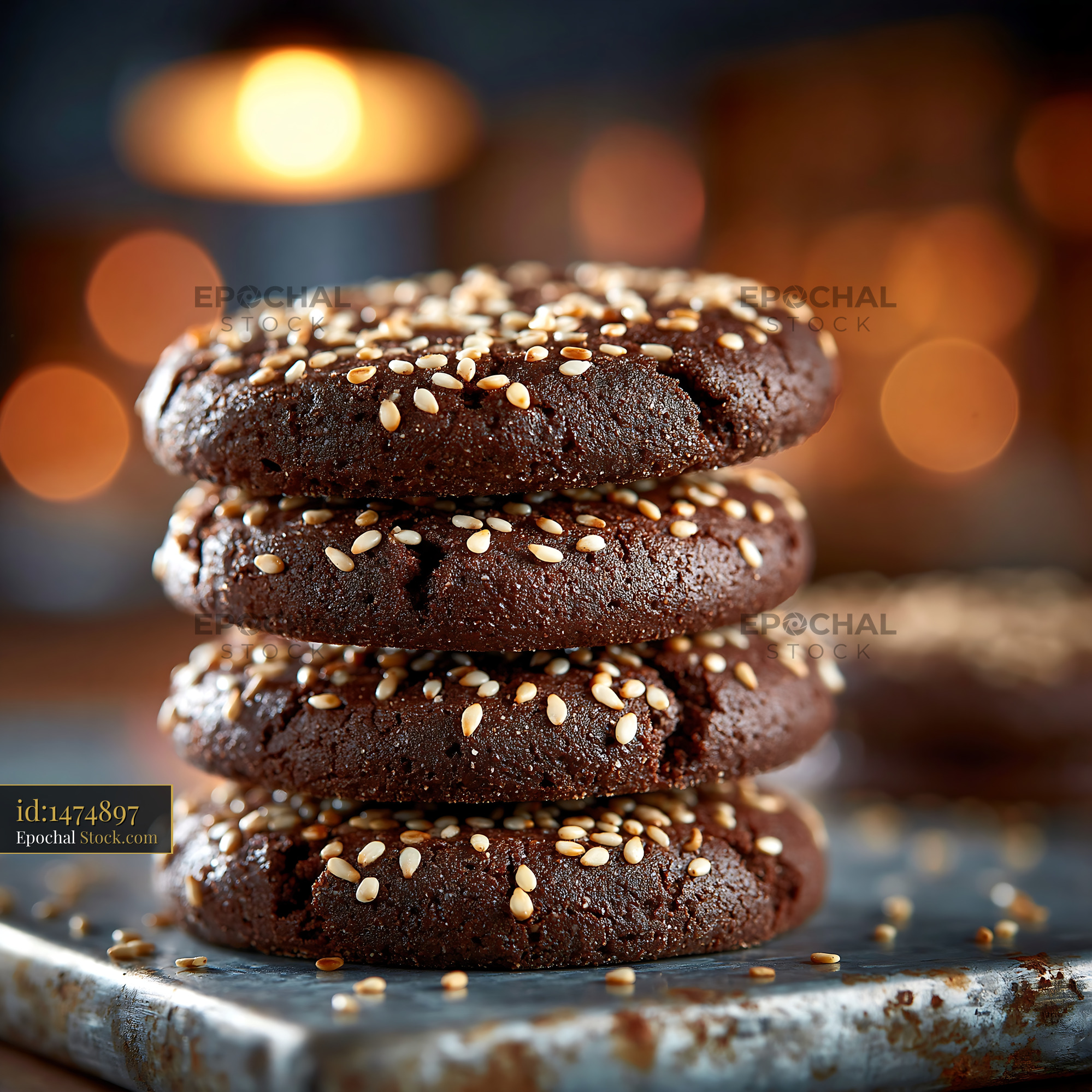 Stack of dibs el kharroub biscuits with sesame seeds in warm light - stock photo