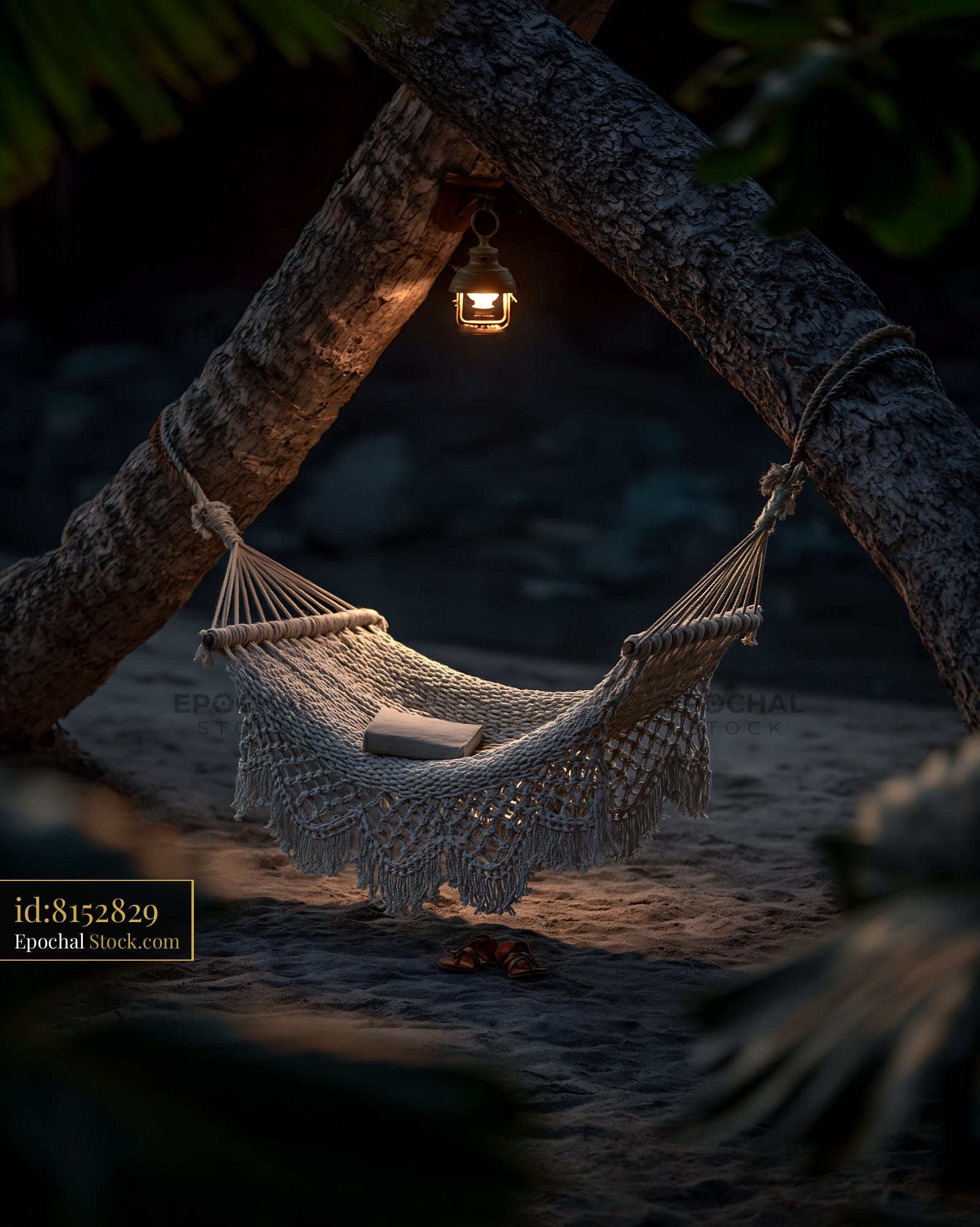 Cozy macrame hammock between palm trees on a beach at night - stock photo