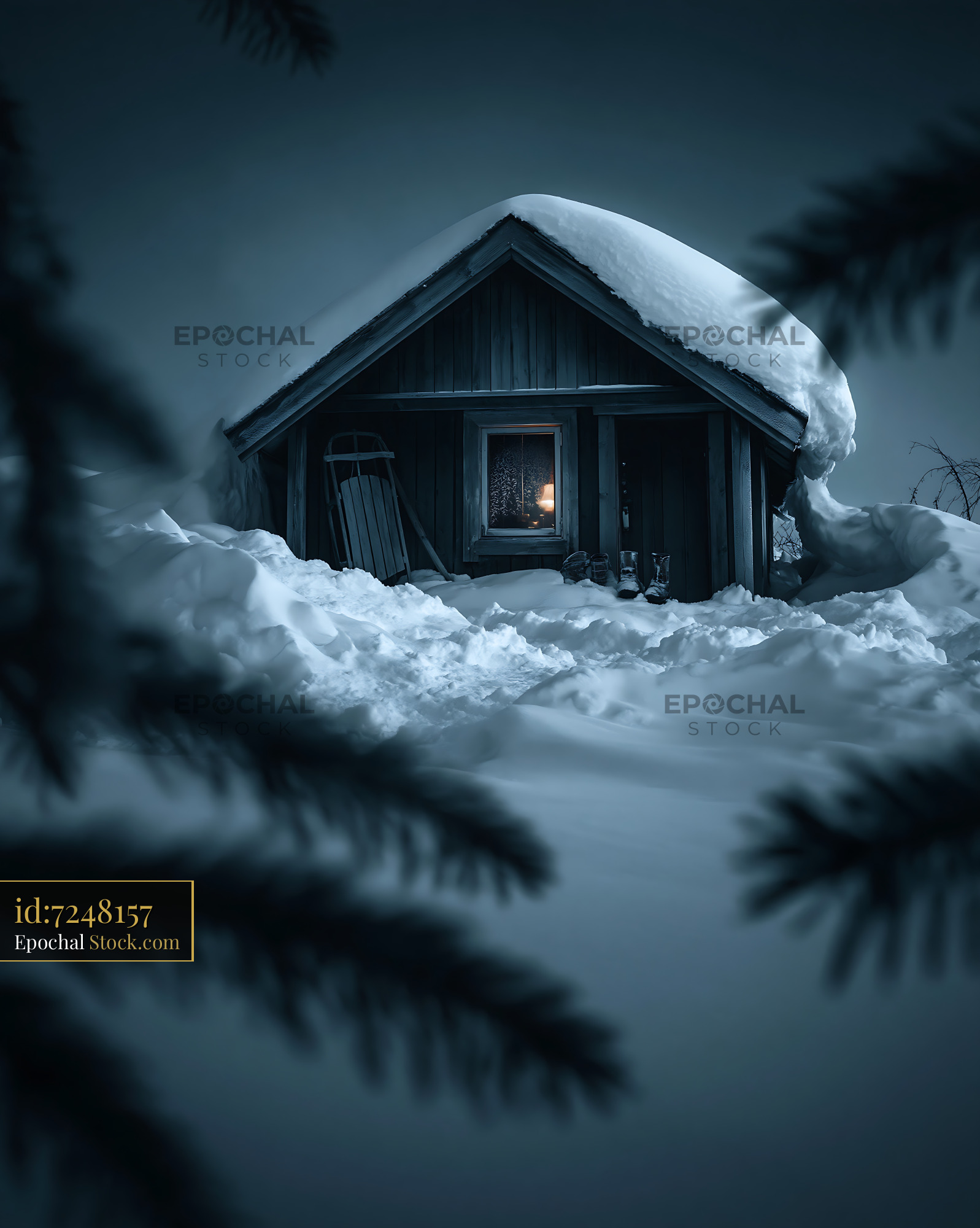 Small wooden cabin buried in deep snow with warm window light - stock photo