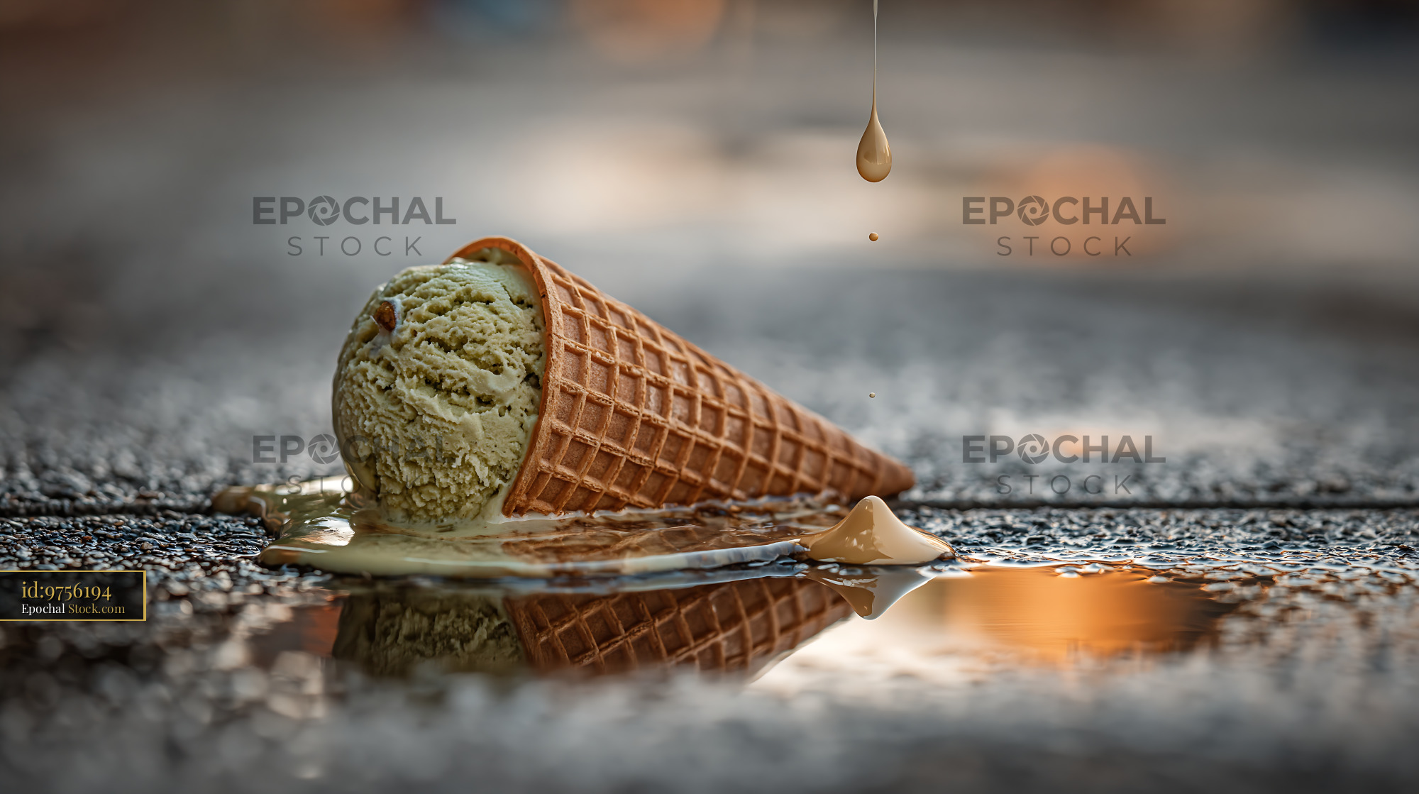 Abandoned ice cream cone melting on the pavement during golden hour - stock photo