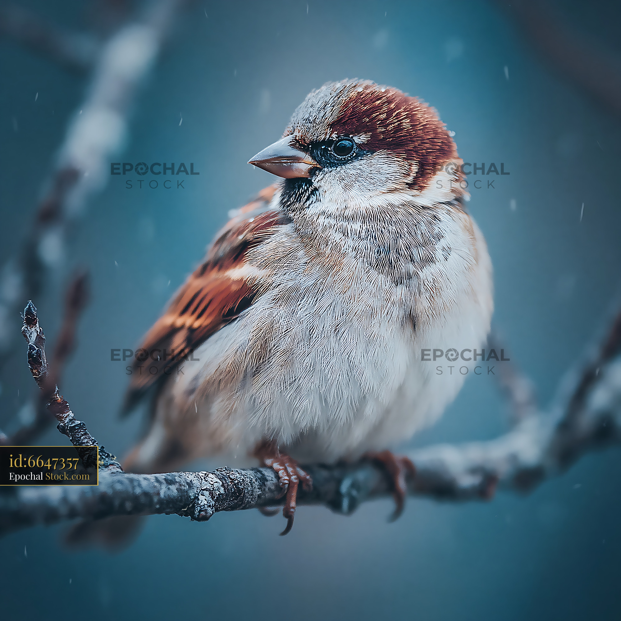 House sparrow huddled on a bare branch during a winter snowfall - stock photo