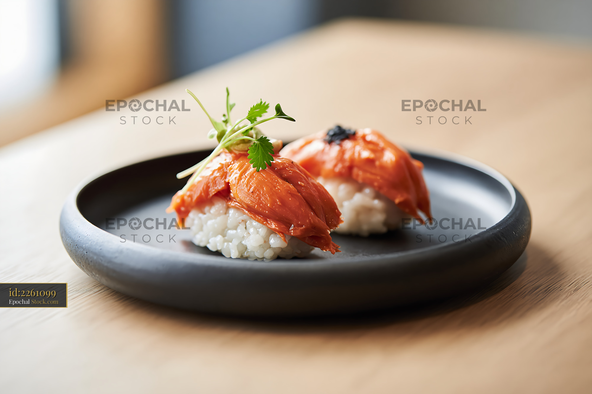 Vegan jackfruit nigiri sushi served on a minimalist black plate - stock photo