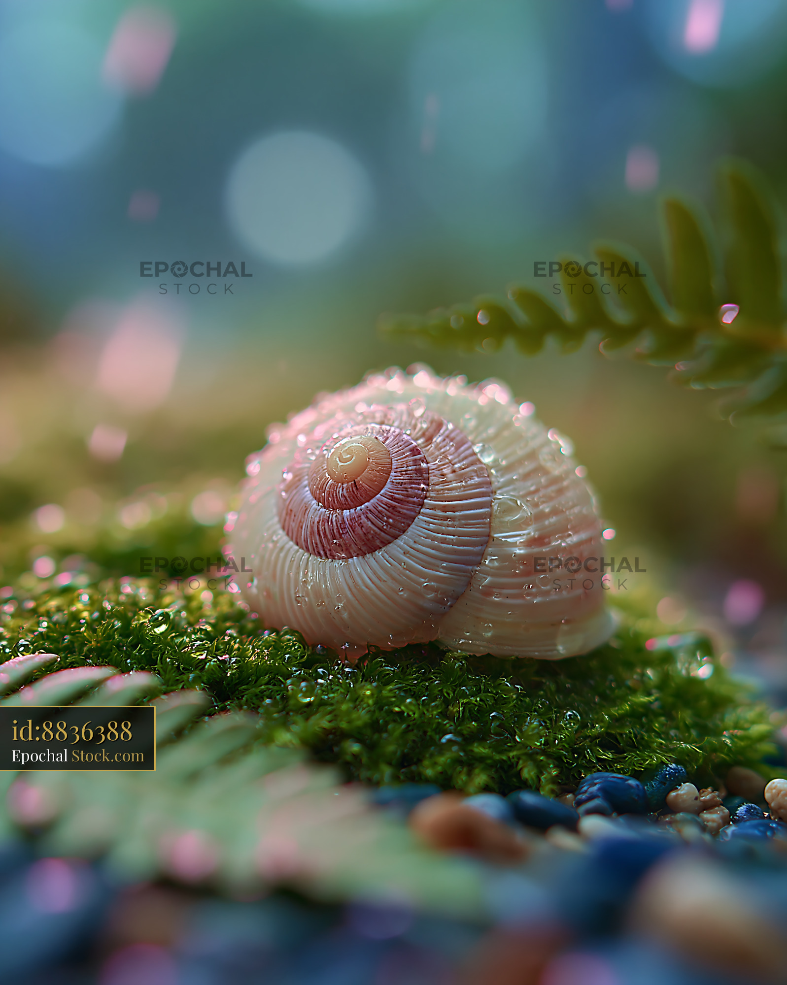 Spiral snail shell resting on wet moss with morning dew - stock photo