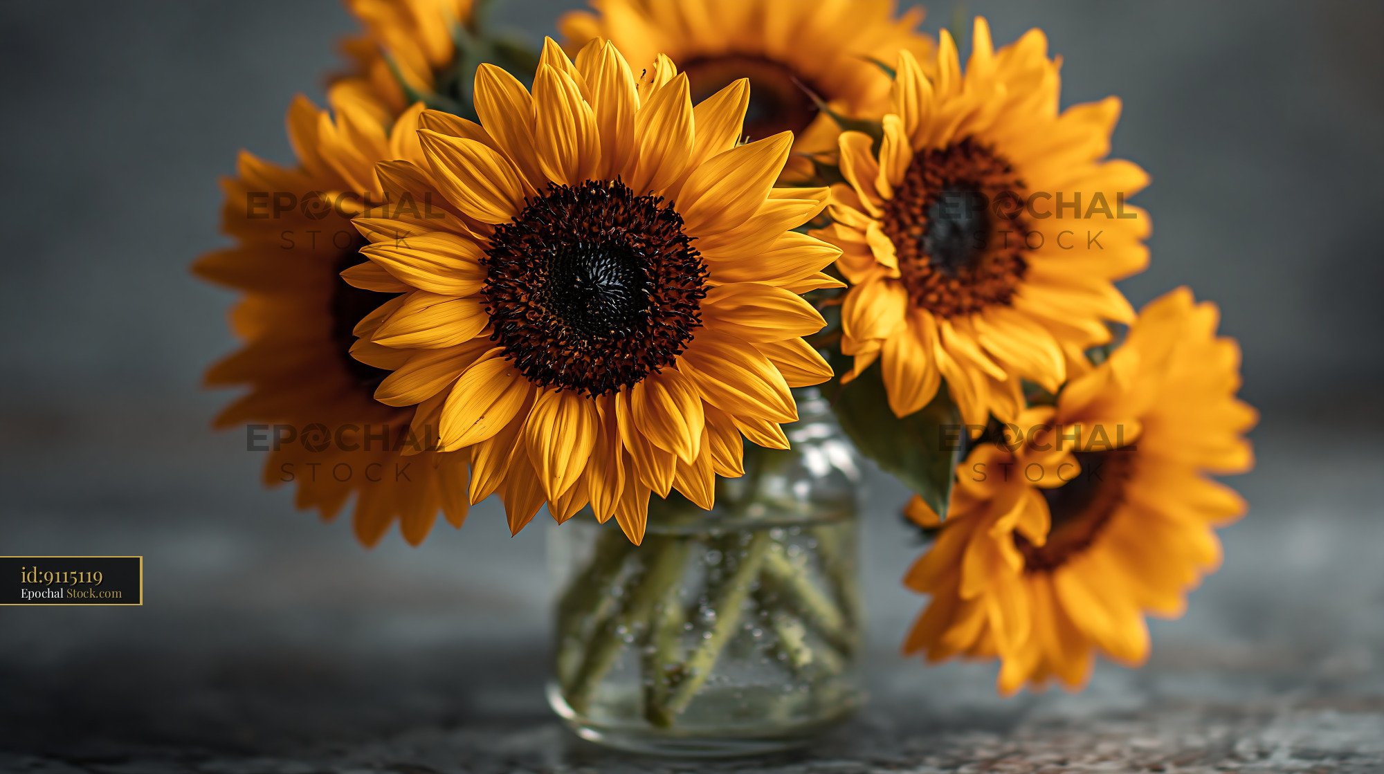 Bouquet of bright sunflowers in a glass jar on an urban balcony - stock photo