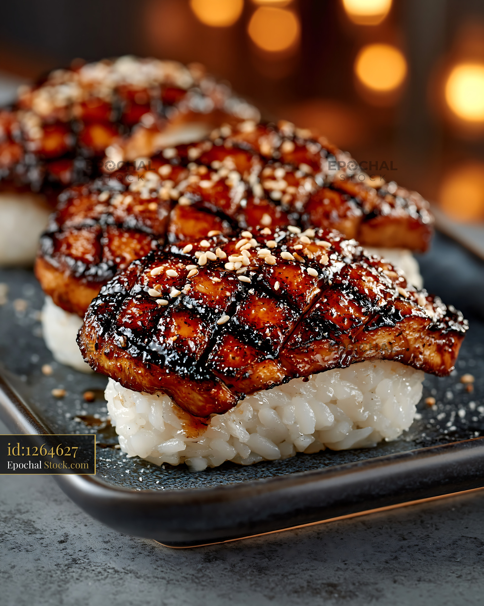 King oyster mushroom sushi with glazed topping and sesame seeds - stock photo