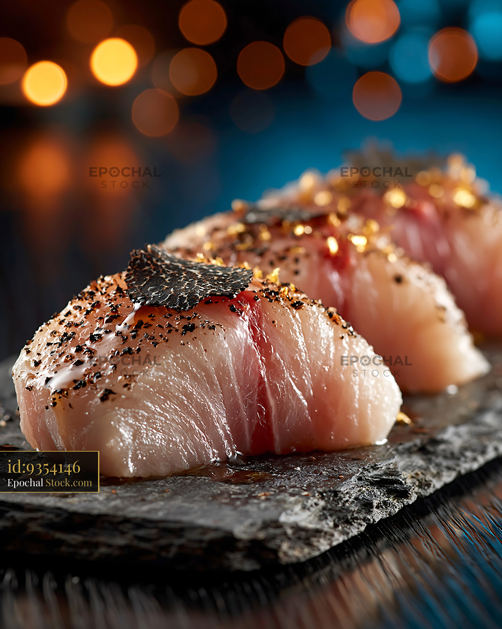 Gourmet truffle yellowtail sushi with gold flakes on slate plate - stock photo