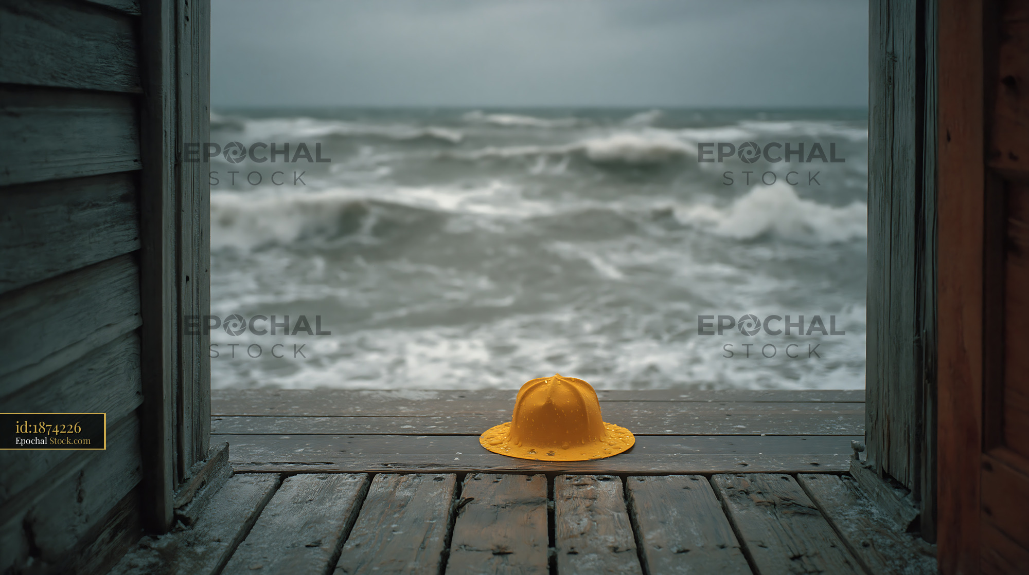 Yellow rain hat on a wooden deck by a stormy winter sea at dusk - stock photo