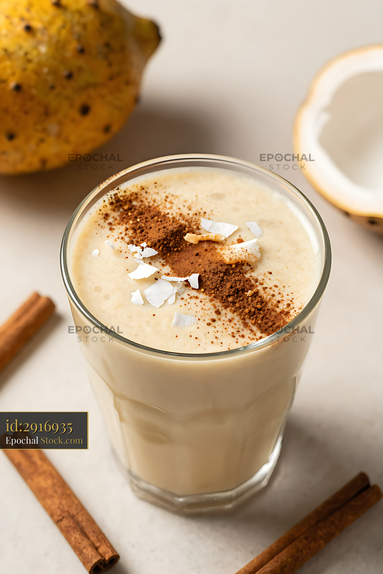 Cupuacu cream smoothie with cocoa and coconut flakes - stock photo