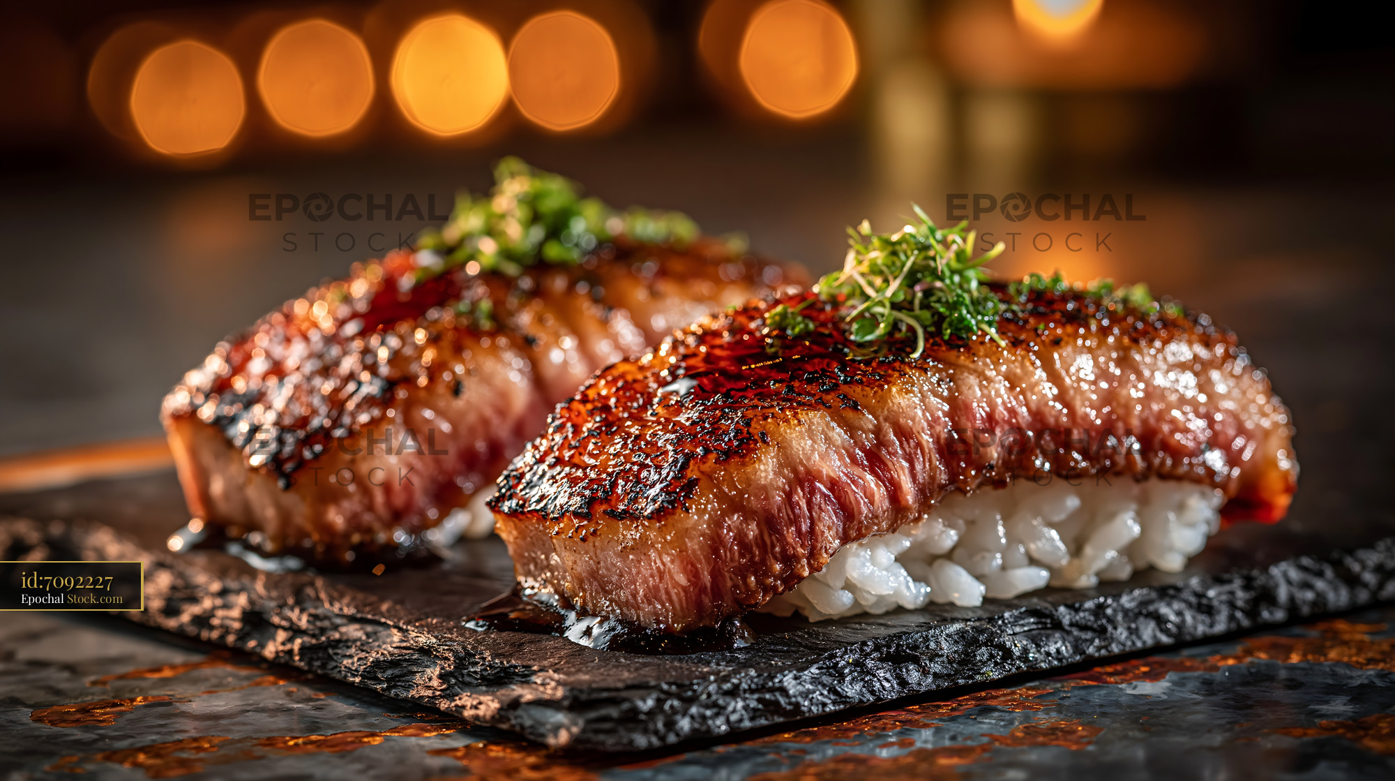 Aburi wagyu sushi with seared beef and microgreens on slate - stock photo
