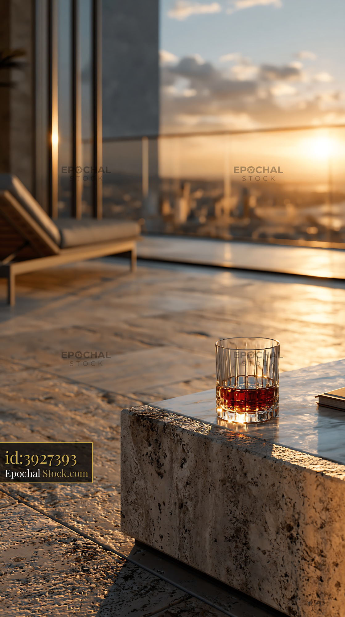 Glass of whiskey on a marble table at a luxury rooftop at sunset - stock photo