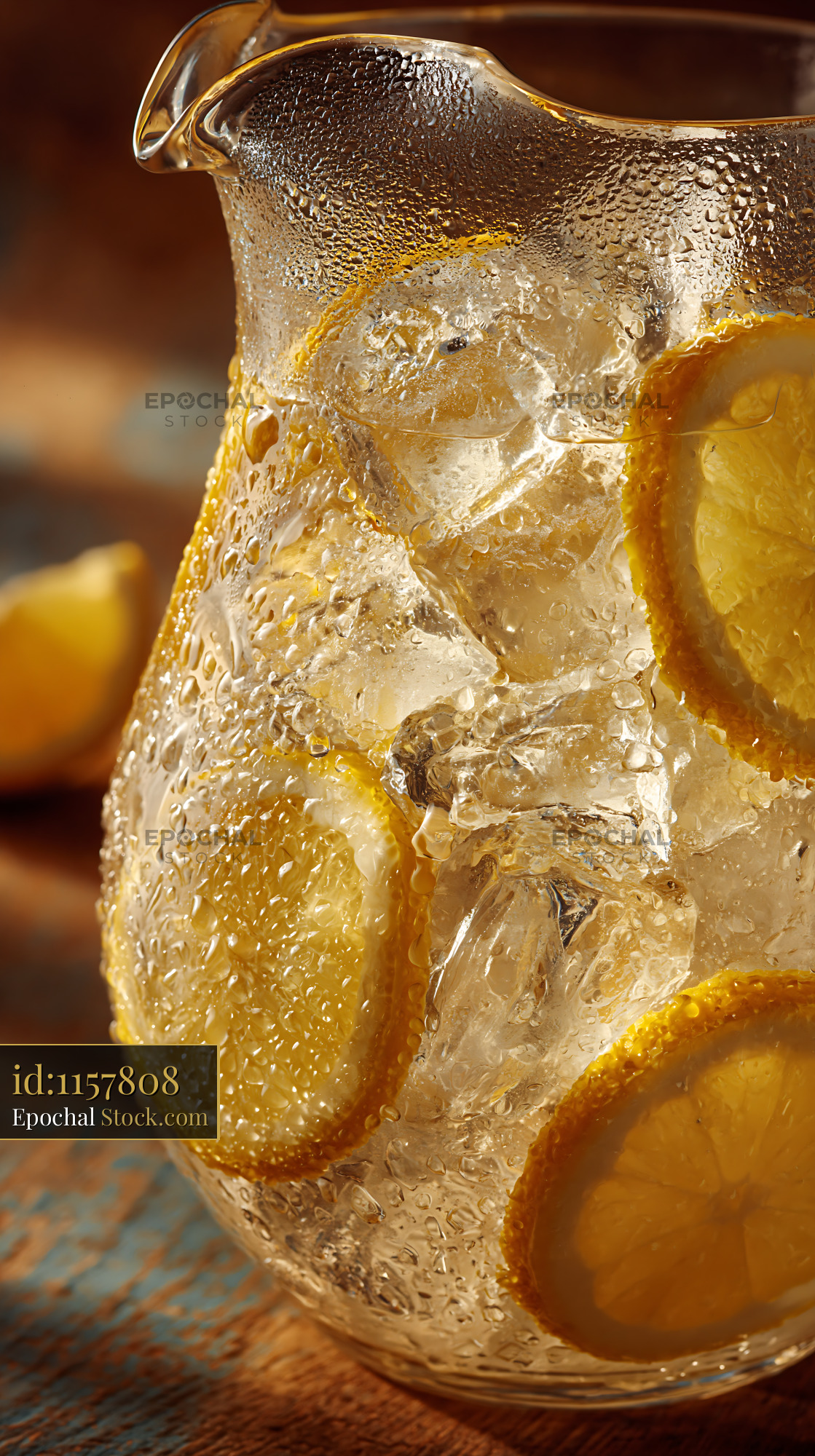 Glass pitcher with cold lemonade ice cubes and fresh lemon slices - stock photo