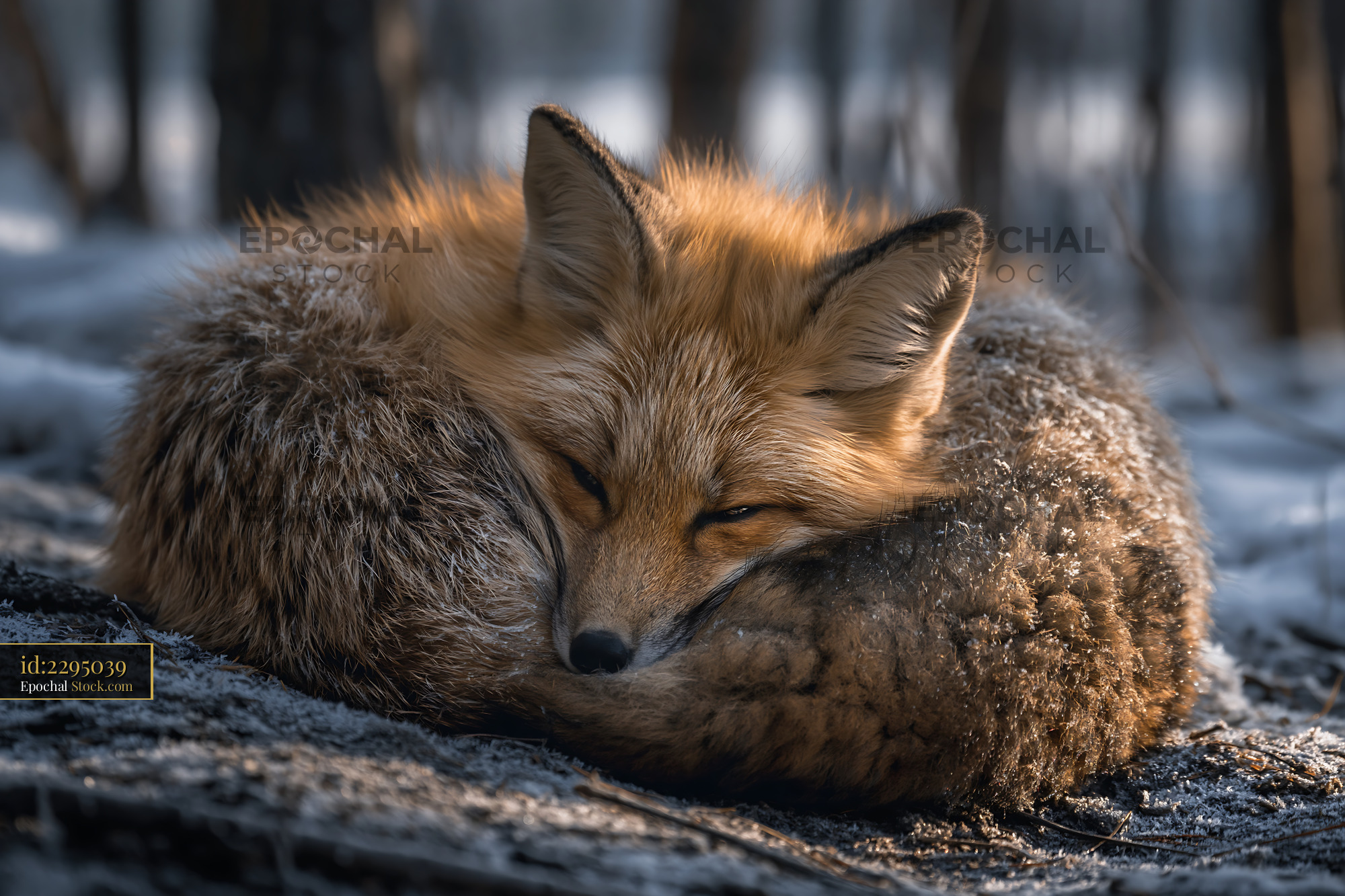 Red fox curled up sleeping in a frosty autumn forest at sunset - stock photo