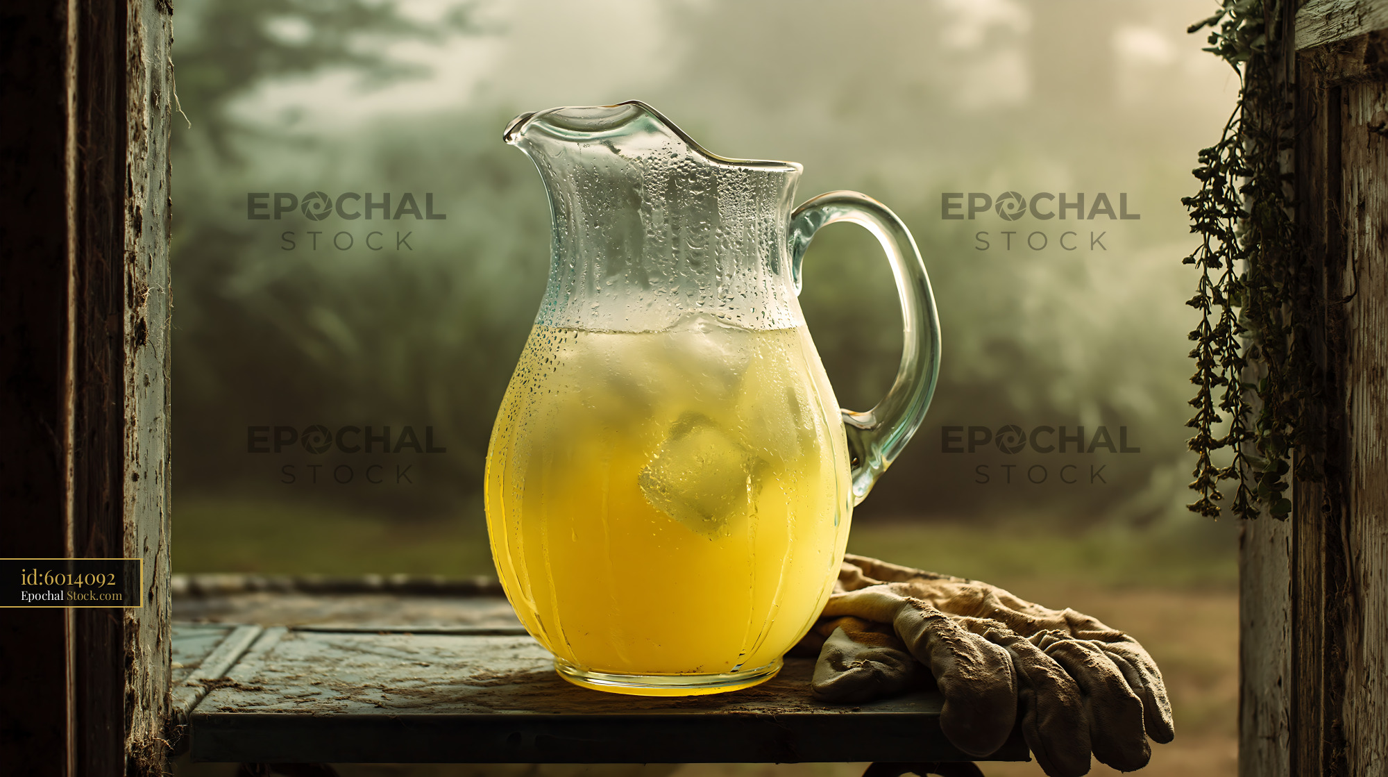 Refreshing pitcher of iced lemonade on a luxury hotel balcony view - stock photo