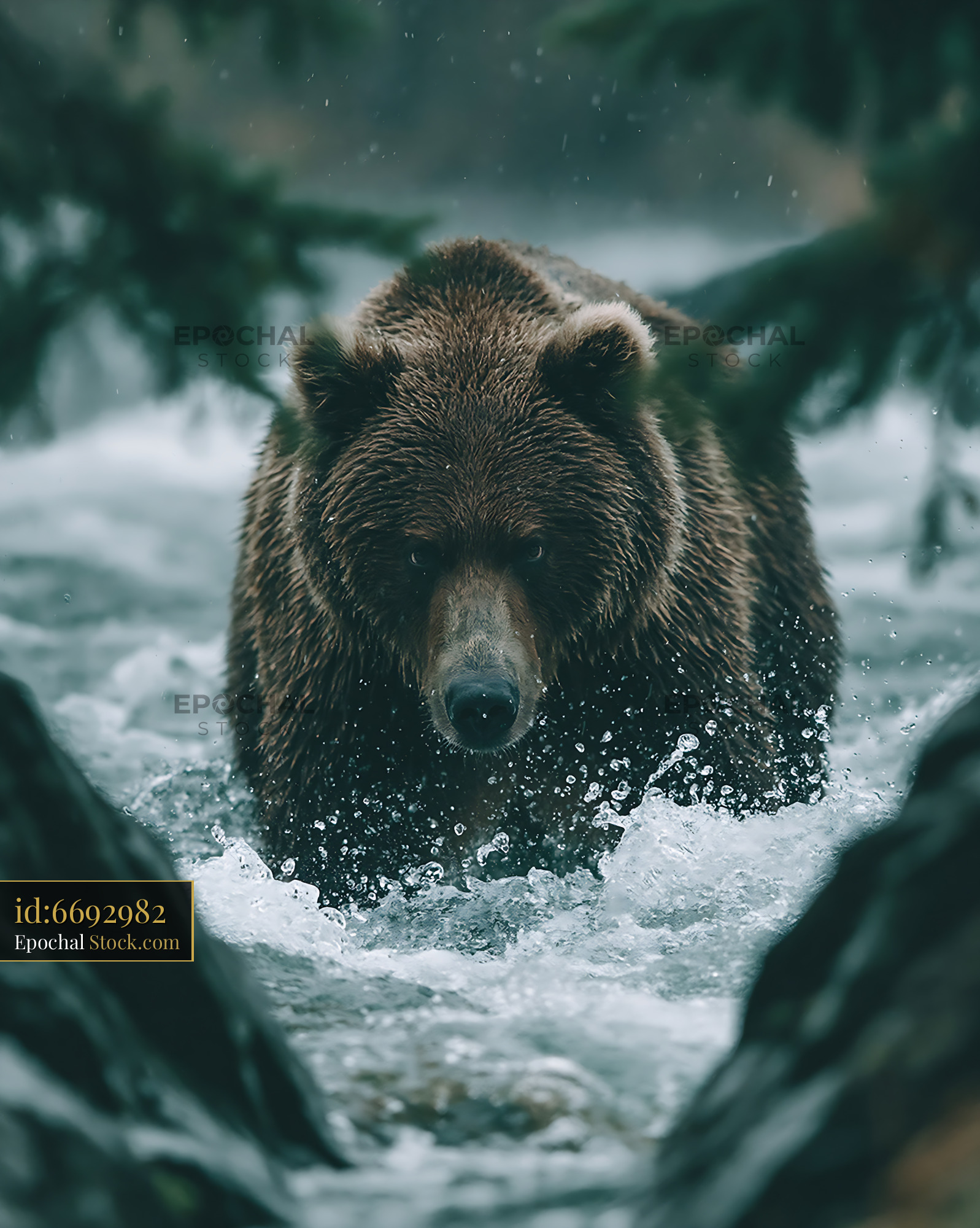 Large brown bear walking through a river during heavy rain - stock photo